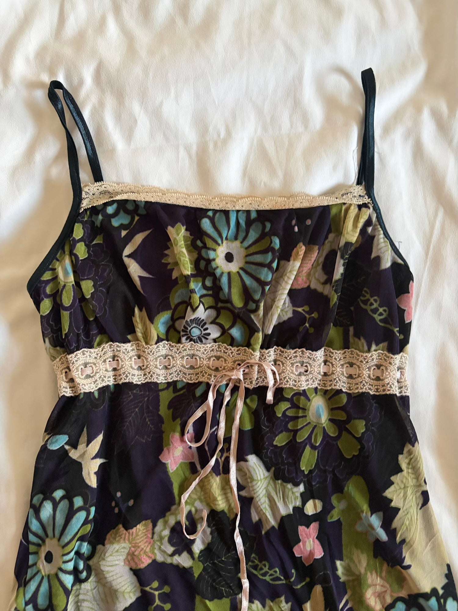 Vintage Y2K Japanese navy floral mesh overlay cami with ribbon bust detail