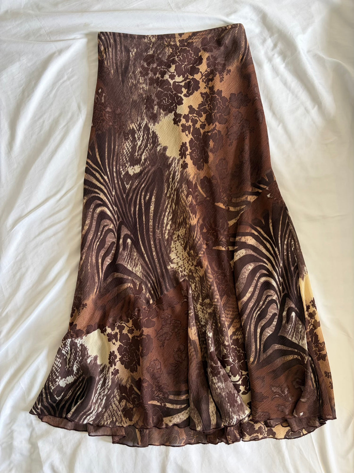 Vintage 1990s Brown Floral and Animal Print Floaty Skirt