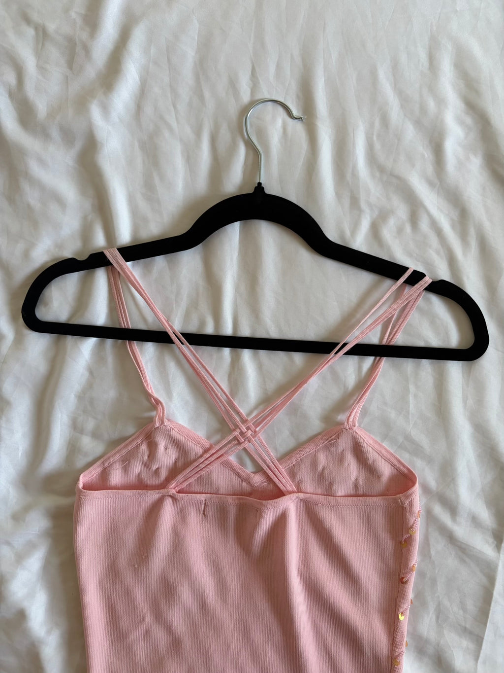 Vintage Y2K Baby Pink Knit Beaded and Sequin Cami with Triple Cross Straps