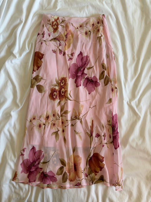 Vintage 1990s baby pink floral midi skirt