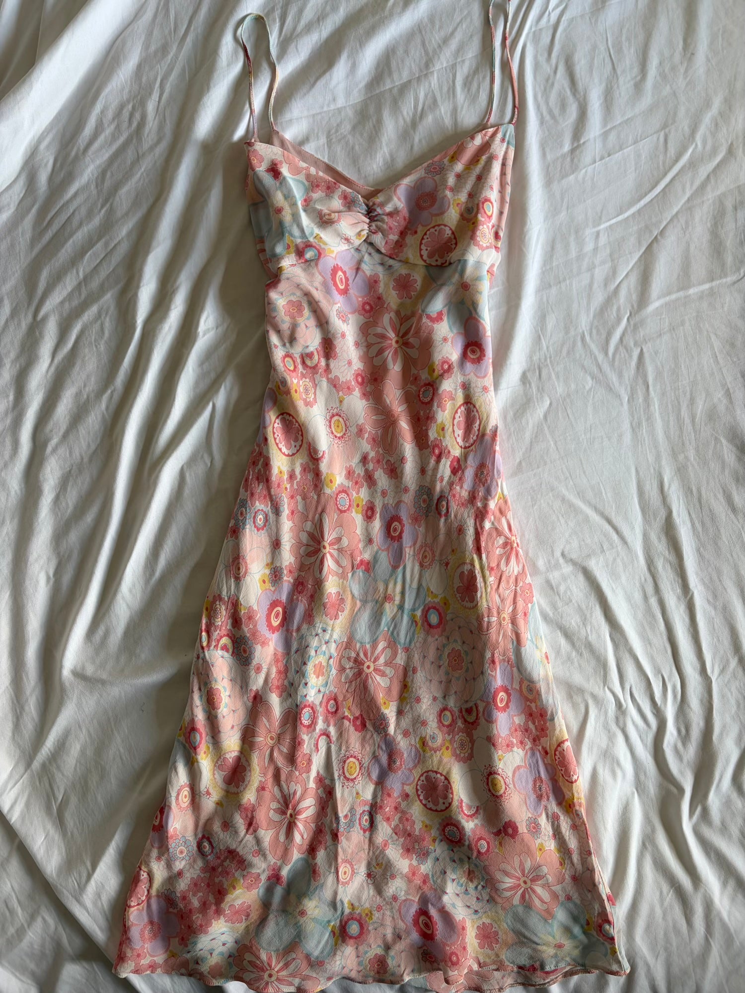 Vintage Y2K Pastel Floral Midi Dress with Ruched Bust