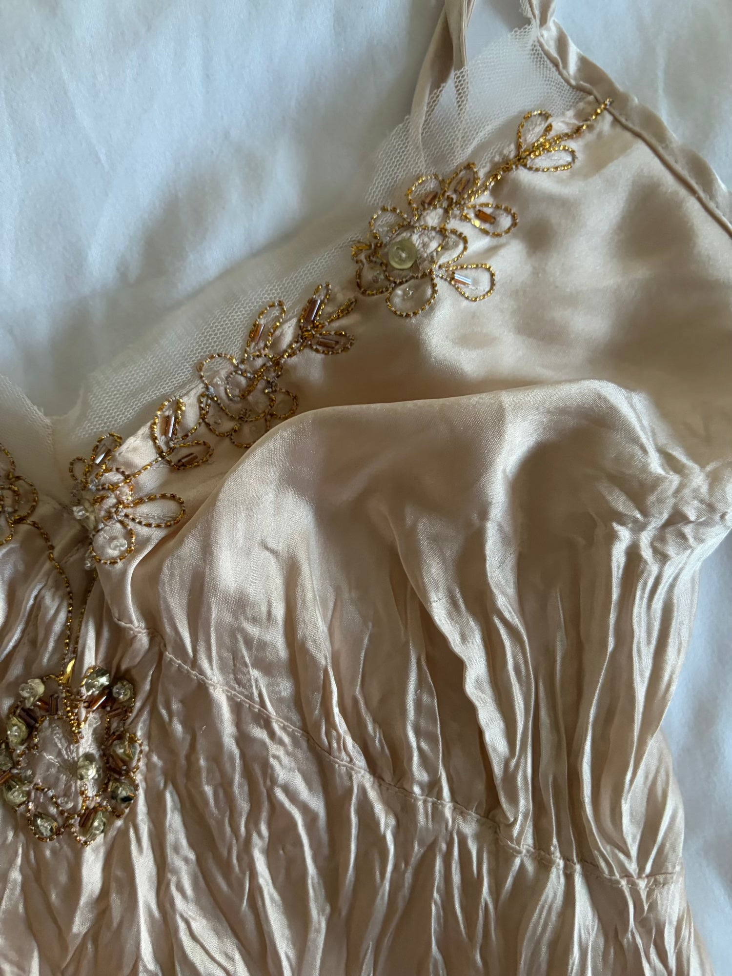 Vintage Y2K blush ruffle hem cami with bronze beaded detail and sequins