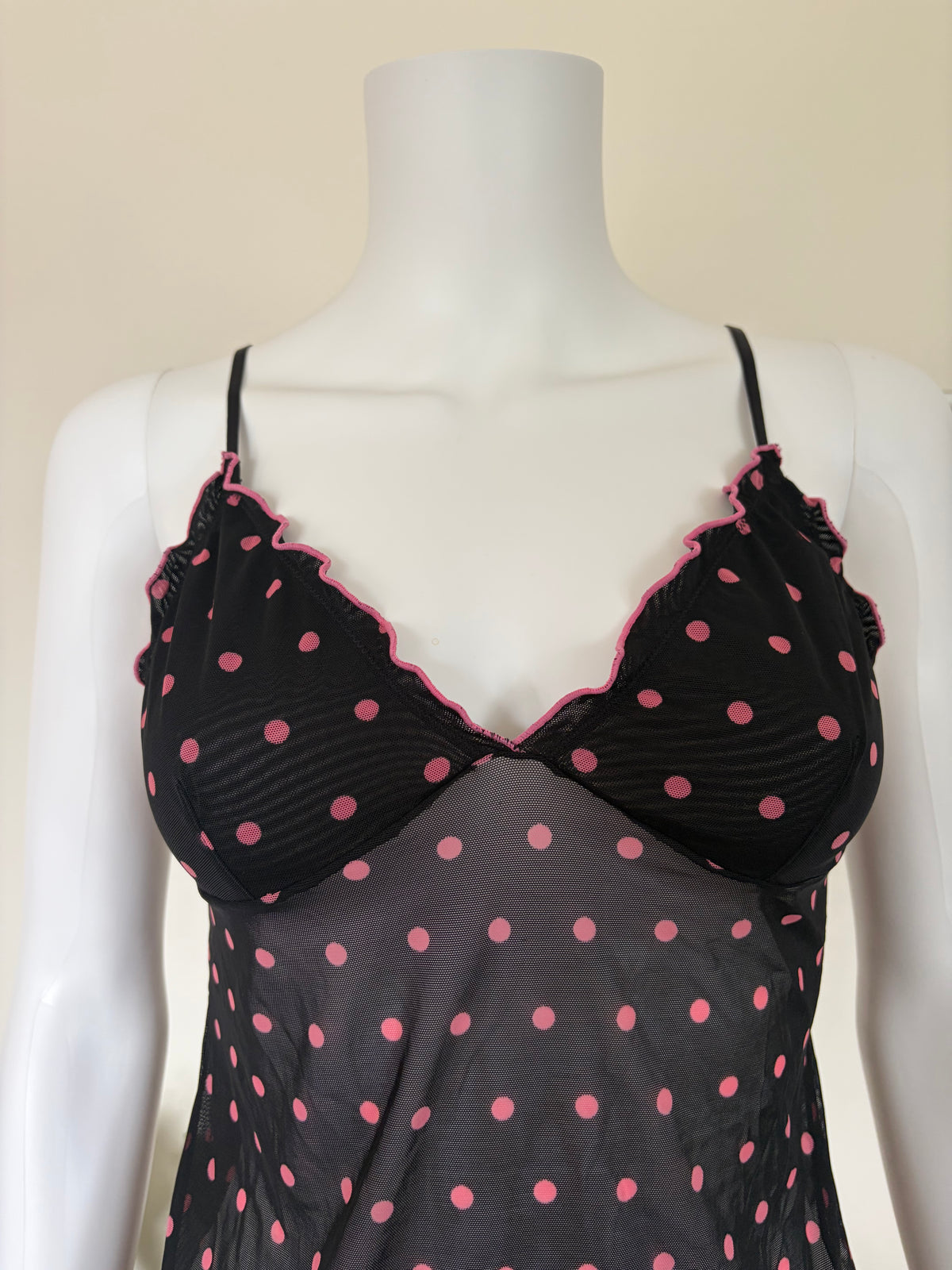 Vintage 2000s Black Mesh Cami with Hot Pink Polka Dots