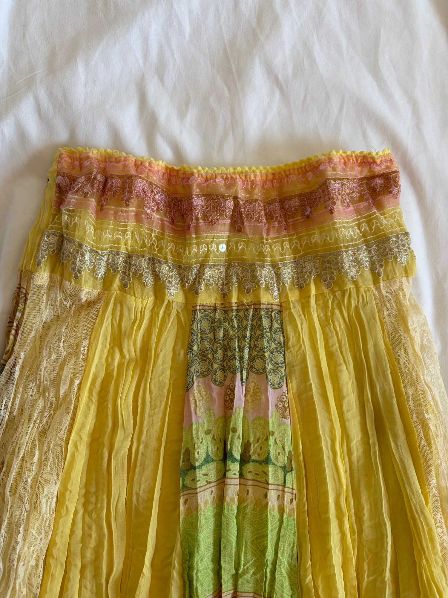Vintage Y2K rare yellow fairy patchwork style midi skirt with sequins