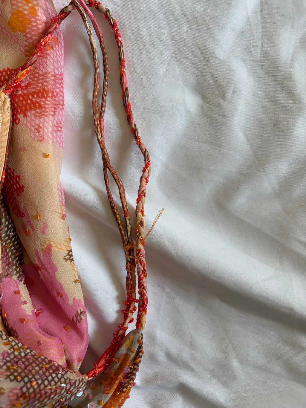Vintage Y2K Rare Silk Asymmetrical Hem Sunset Orange, Red and Brown Midi Dress with Beads and Sequins