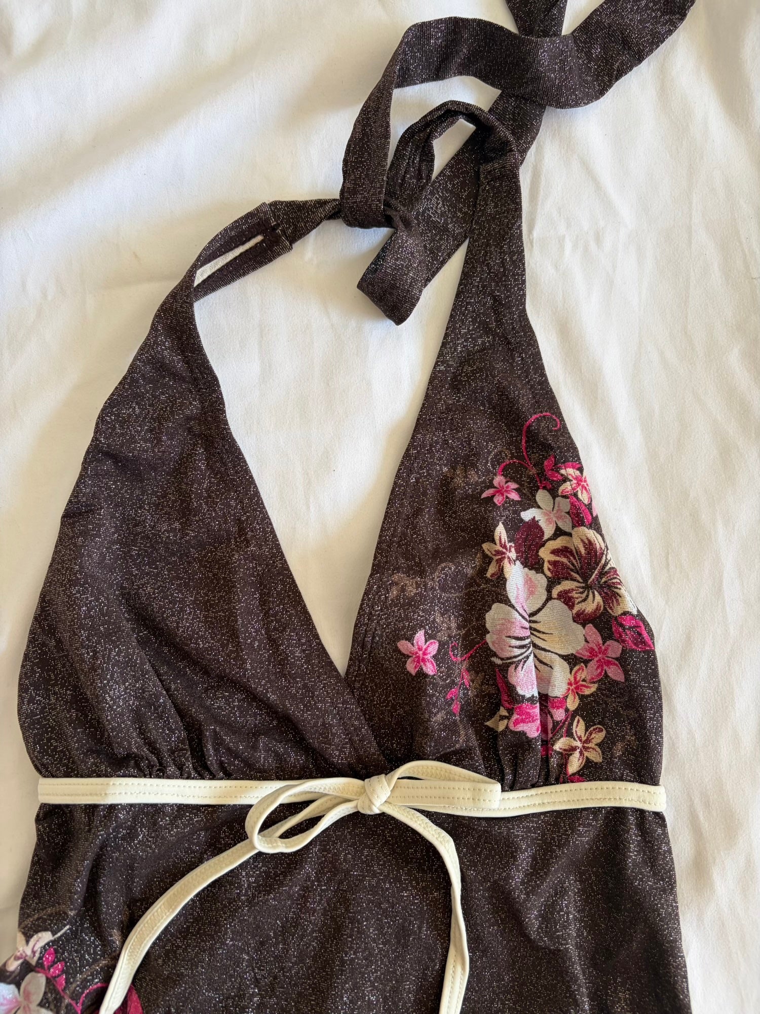 Vintage Y2K Japanese brown sparkly halterneck cami with floral graphic