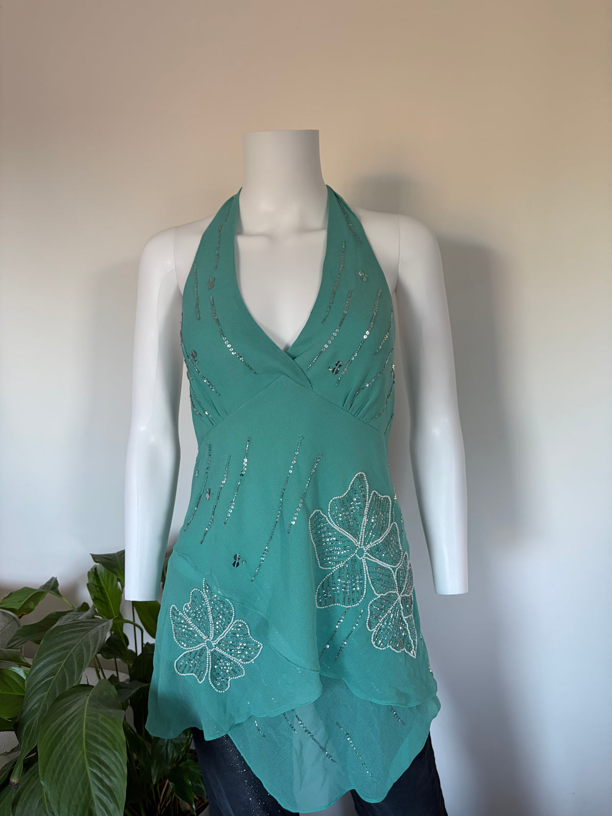 Vintage 2000s Kaleidoscope Turquoise Beaded Sequin Halterneck Cami