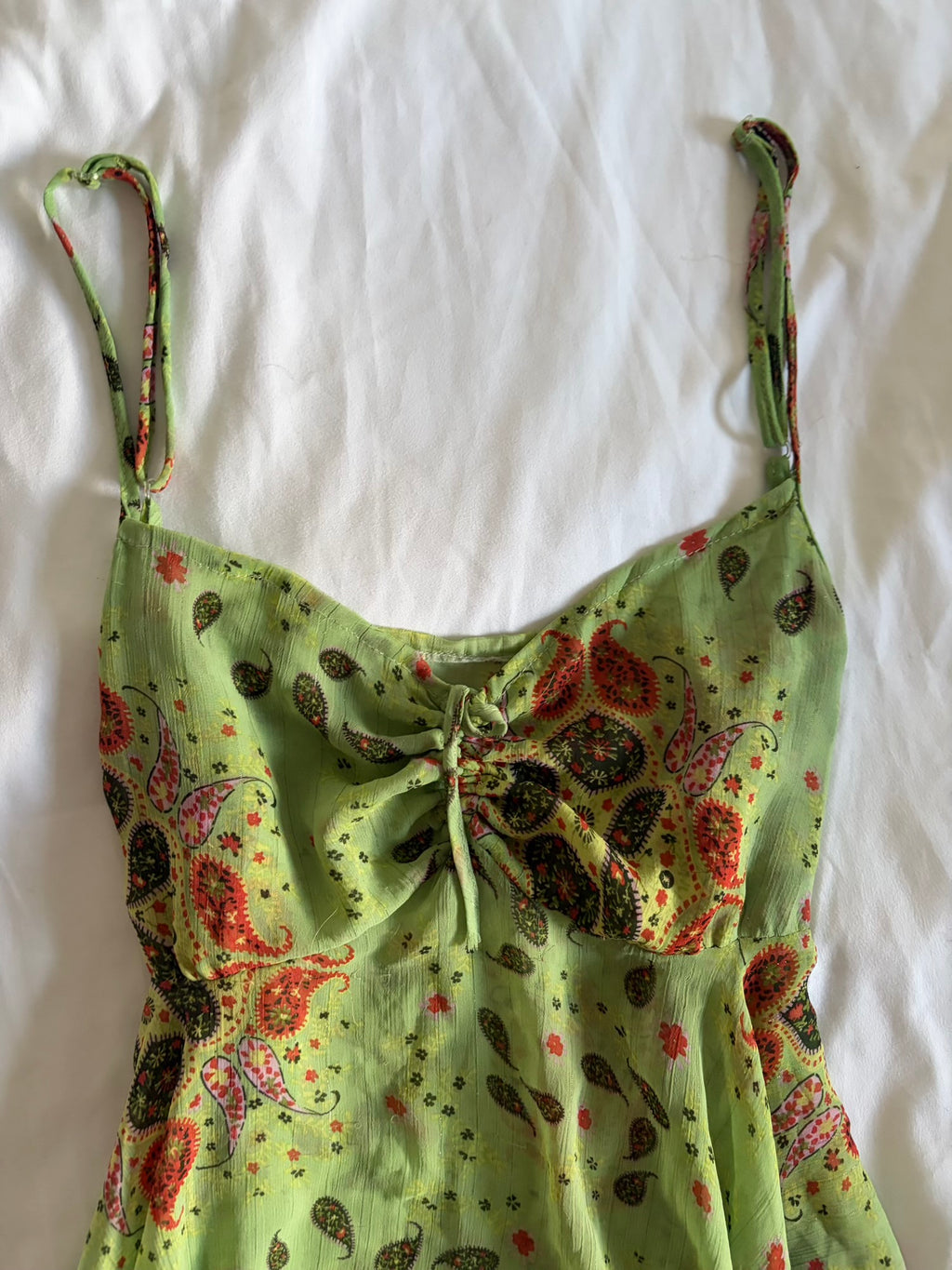 Vintage Y2K green paisley ruched bust cami with handkerchief hem and sparkles