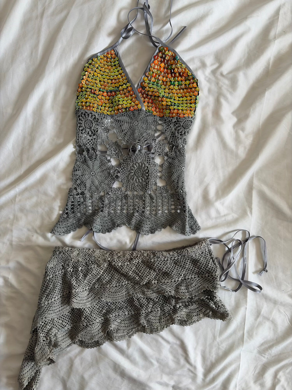 Handmade Grey Crochet Backless Halter and Ultra Mini Skirt Set