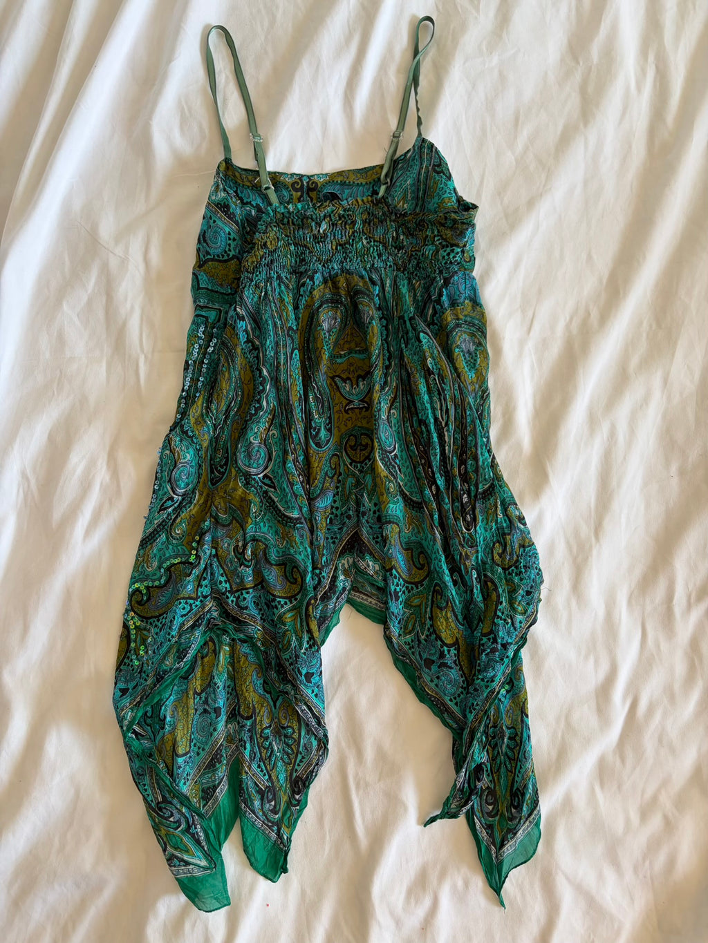 Vintage Y2K green silk paisley handkerchief hem bandeau forest fairy cami with iridescent sequins