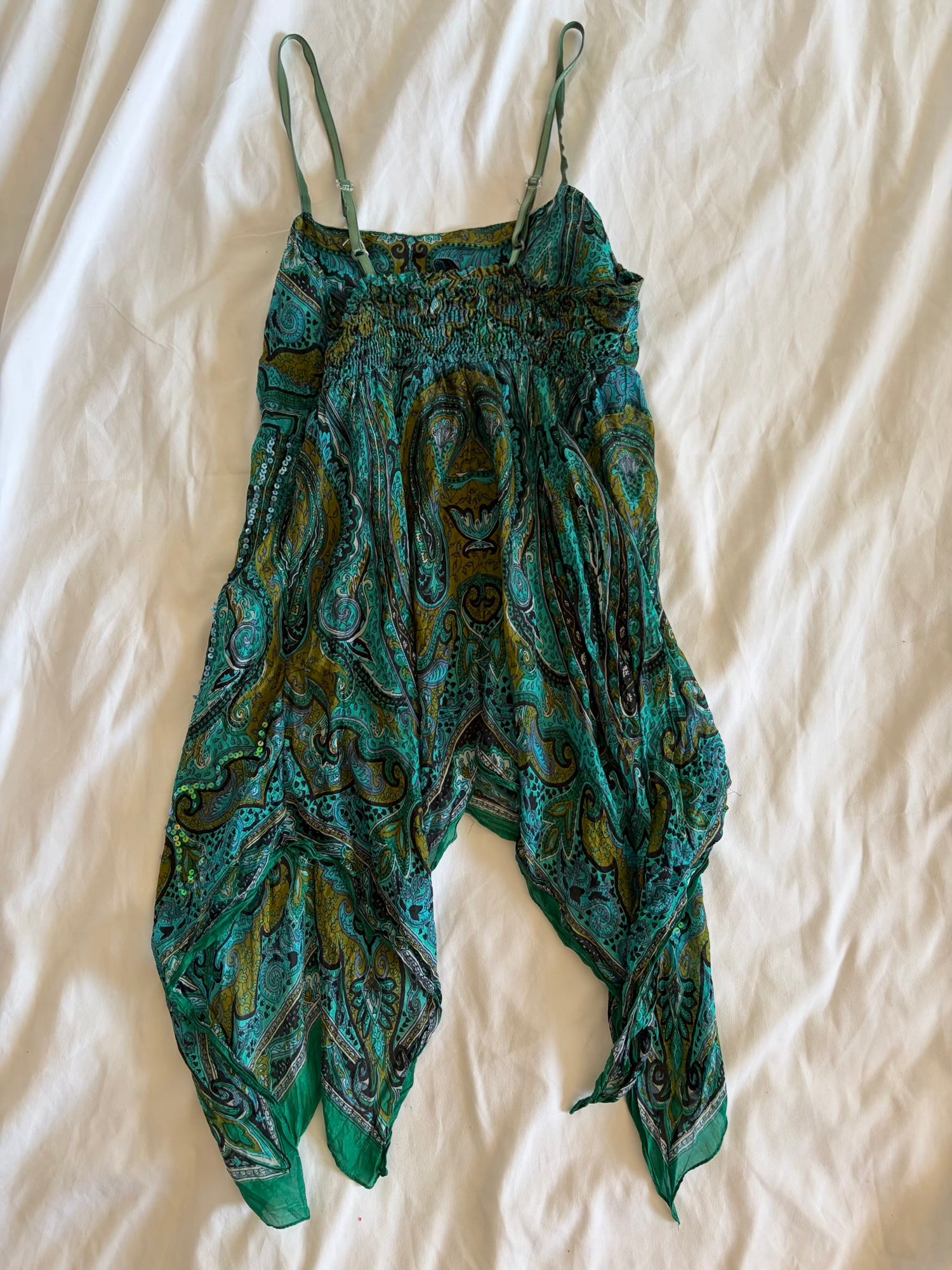 Vintage Y2K green silk paisley handkerchief hem bandeau forest fairy cami with iridescent sequins