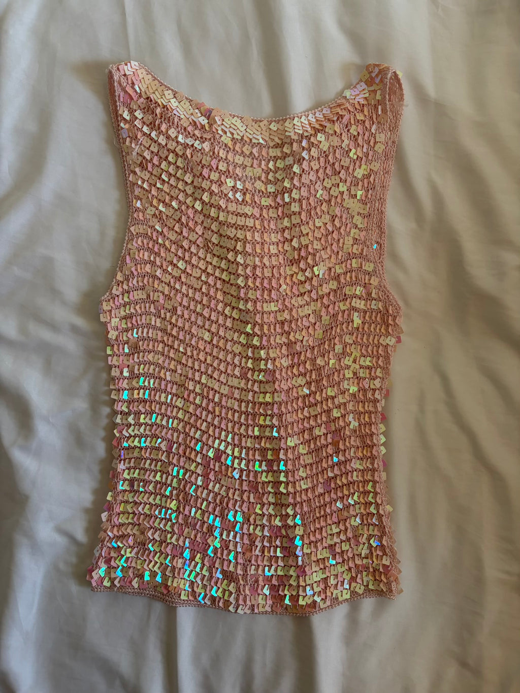 Vintage Y2K Baby Pink Boatneck Crochet Sequin Top