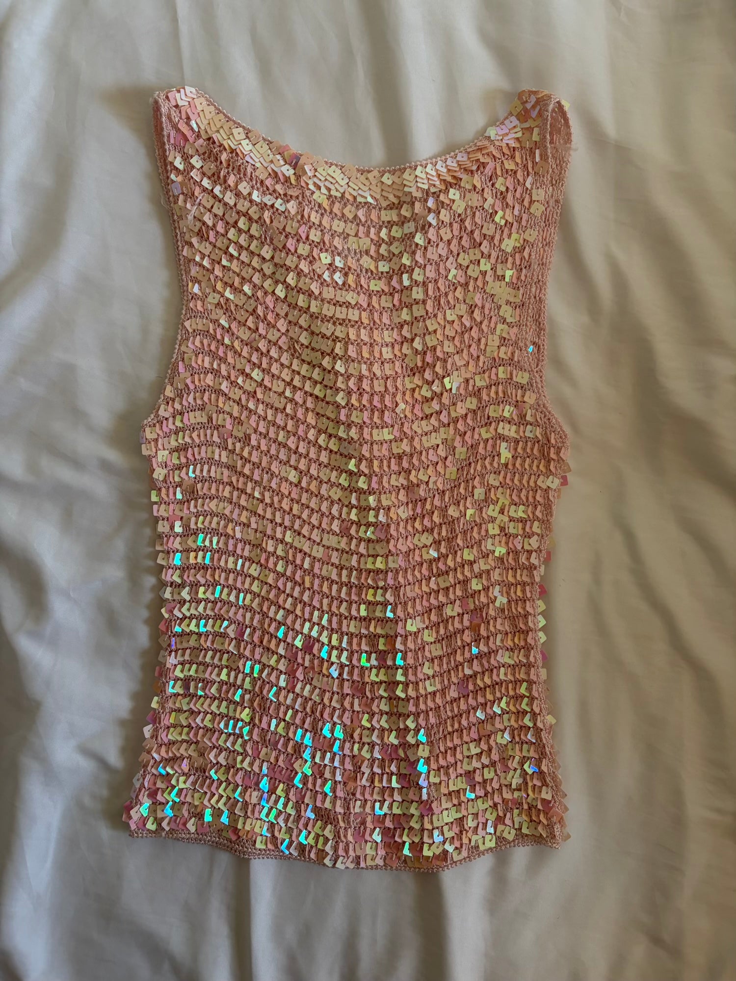 Vintage Y2K Baby Pink Boatneck Crochet Sequin Top