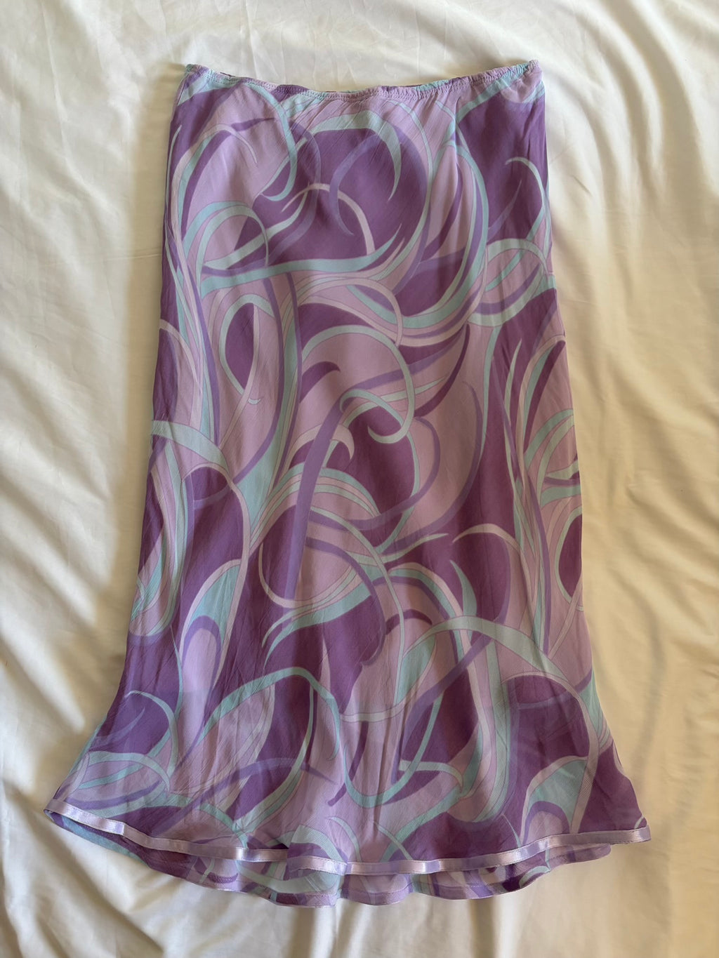 Vintage Y2K Lilac and Pastel Blue Swirl Midi Skirt with Ribbon Hem