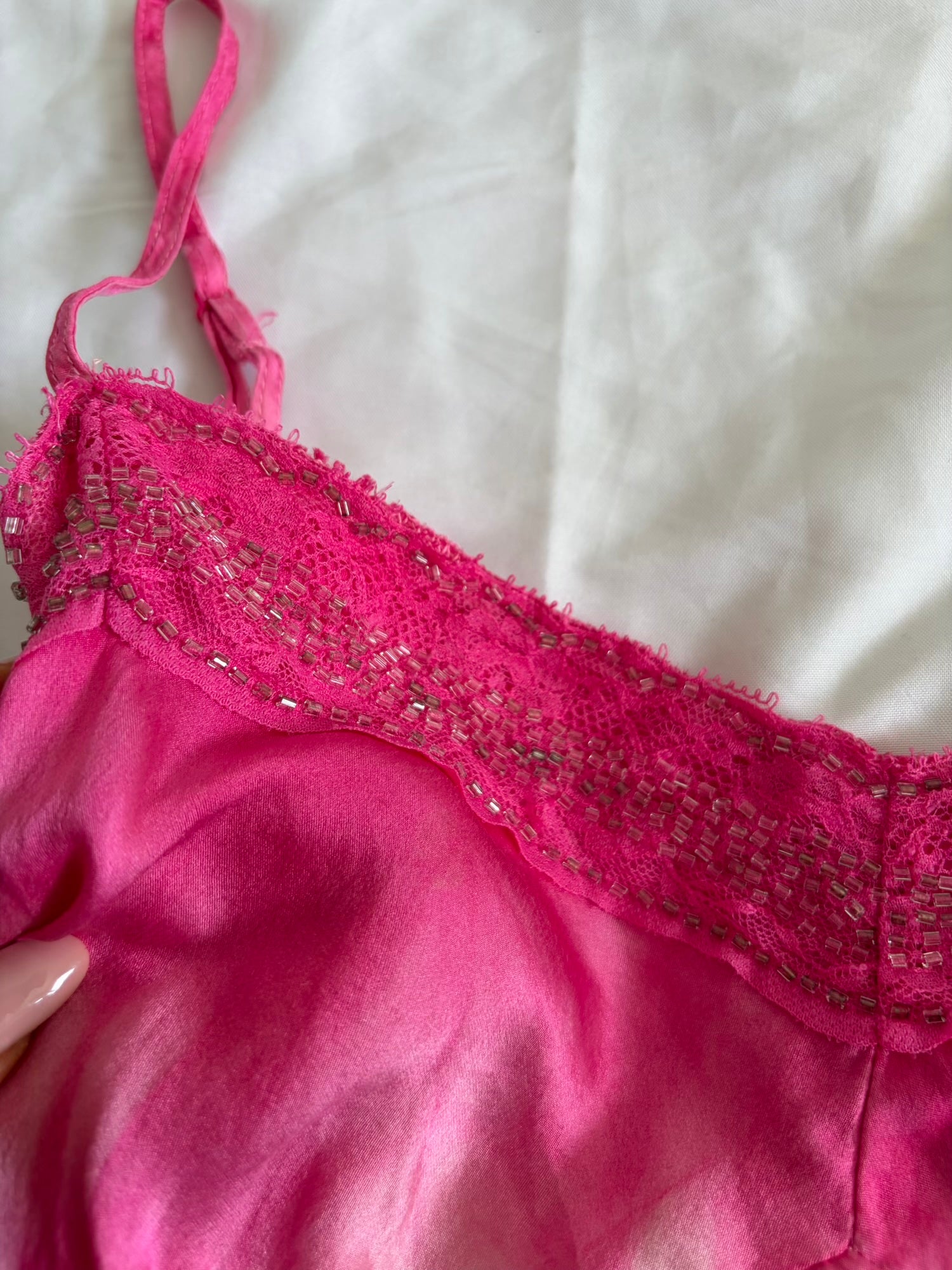 Vintage Y2K Silk Pink and White Tie Dye Beaded Cami