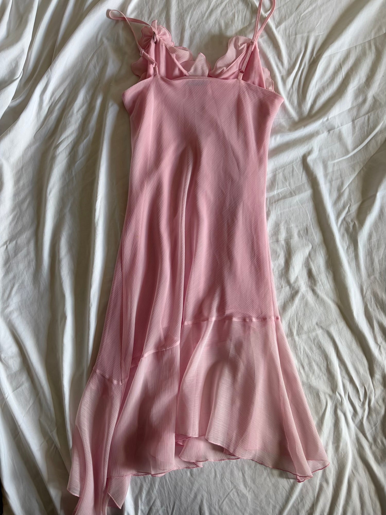 Vintage 1990s Baby Pink Asymmetrical Hem Floaty Fairy Midi Dress with Floral Applique