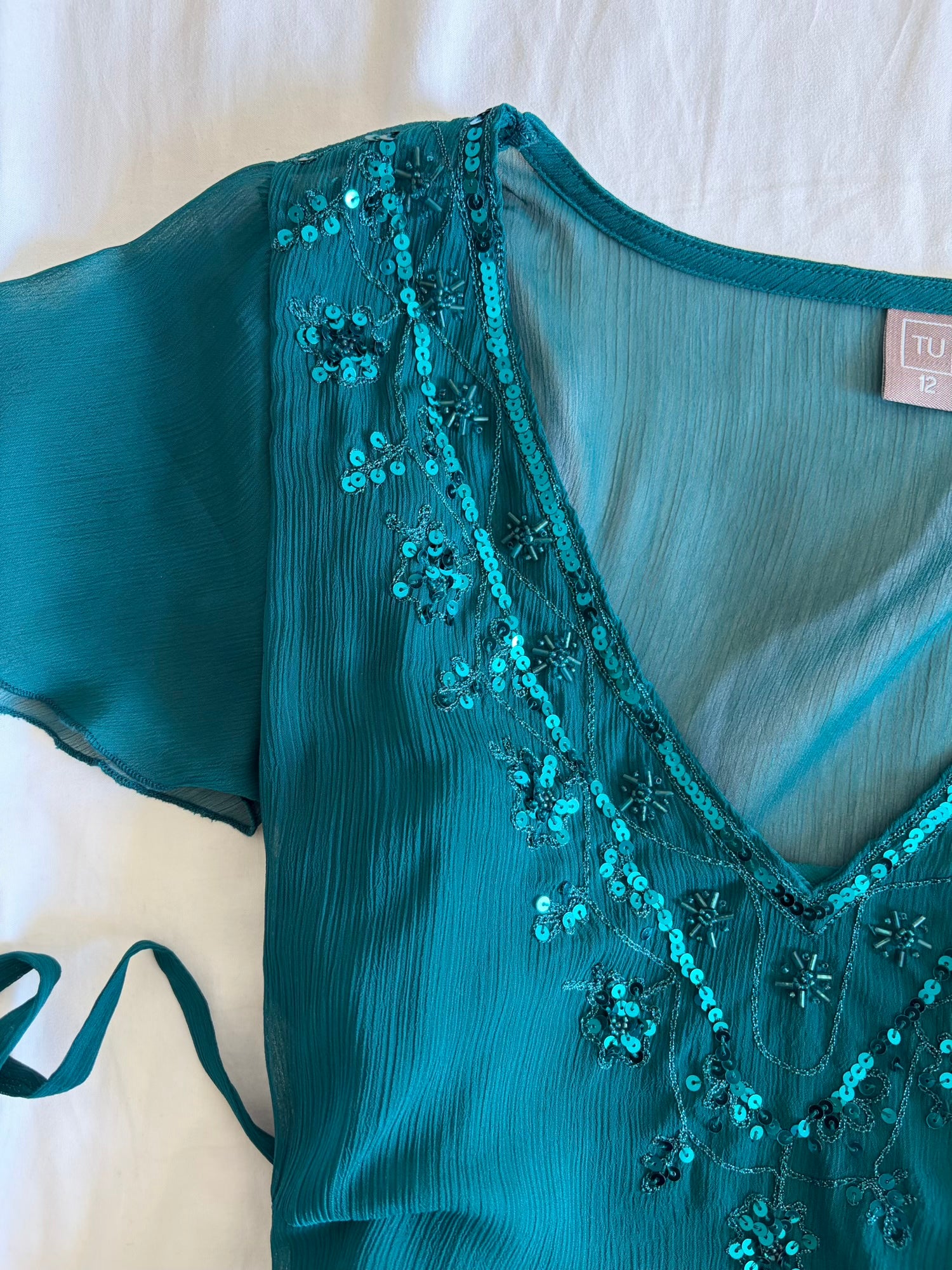 Vintage Y2K Teal Sequin Top with Side Ties and Built-In Cami