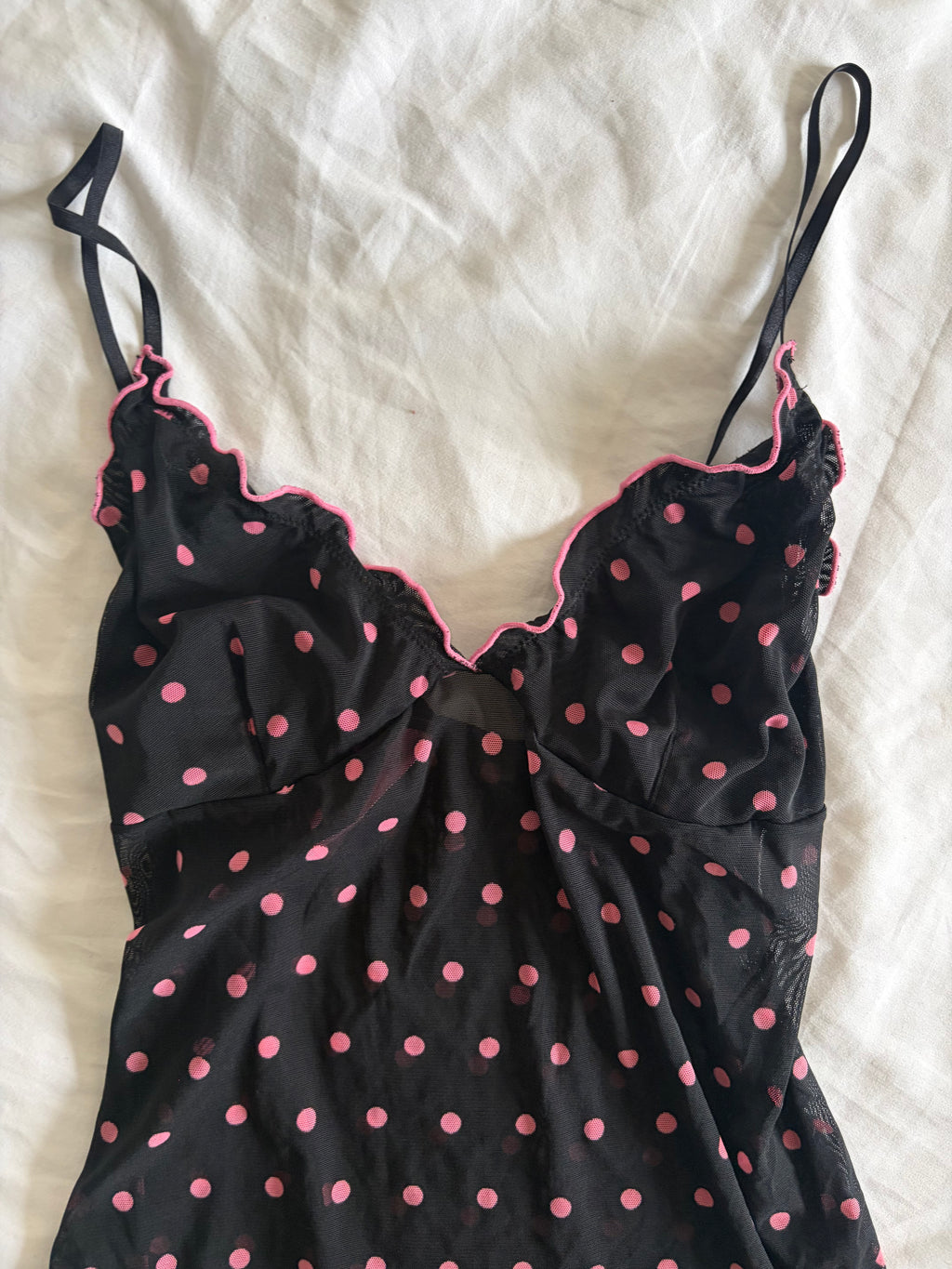 Vintage 2000s Black Mesh Cami with Hot Pink Polka Dots