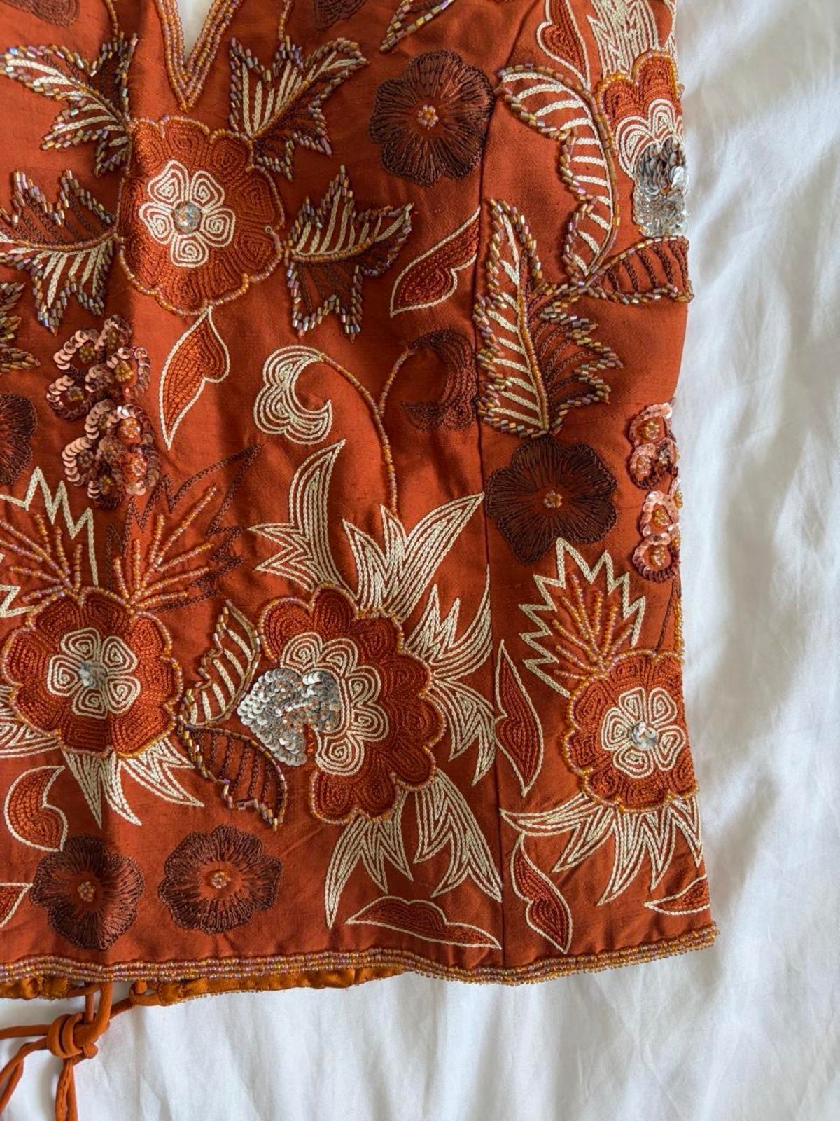 Vintage Y2K burnt orange silk beaded, bronze and silver sequin corset style halter - Size Medium