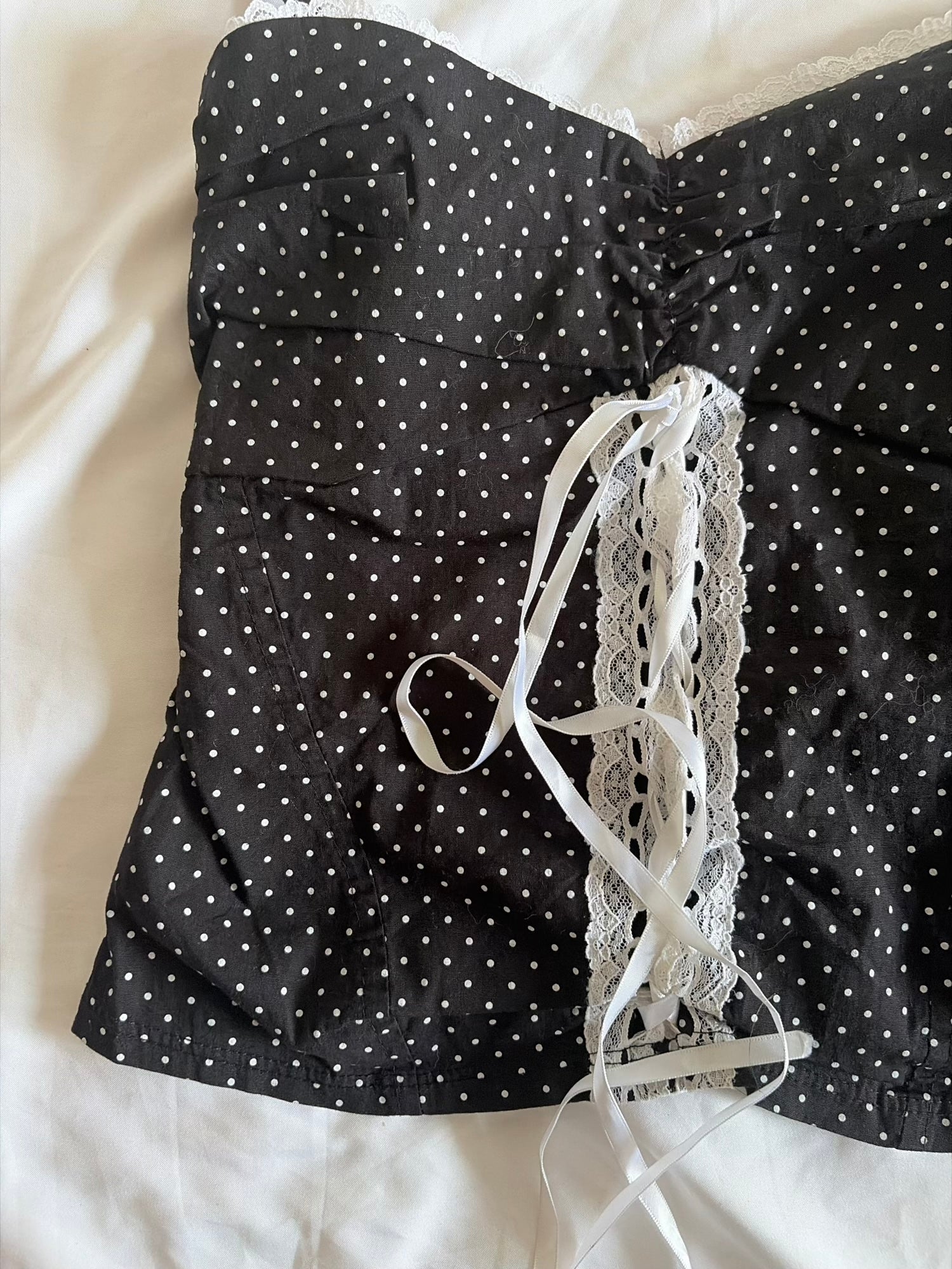Vintage 1990s Black Polka Dot Cotton Cami with White Lace Up Detail