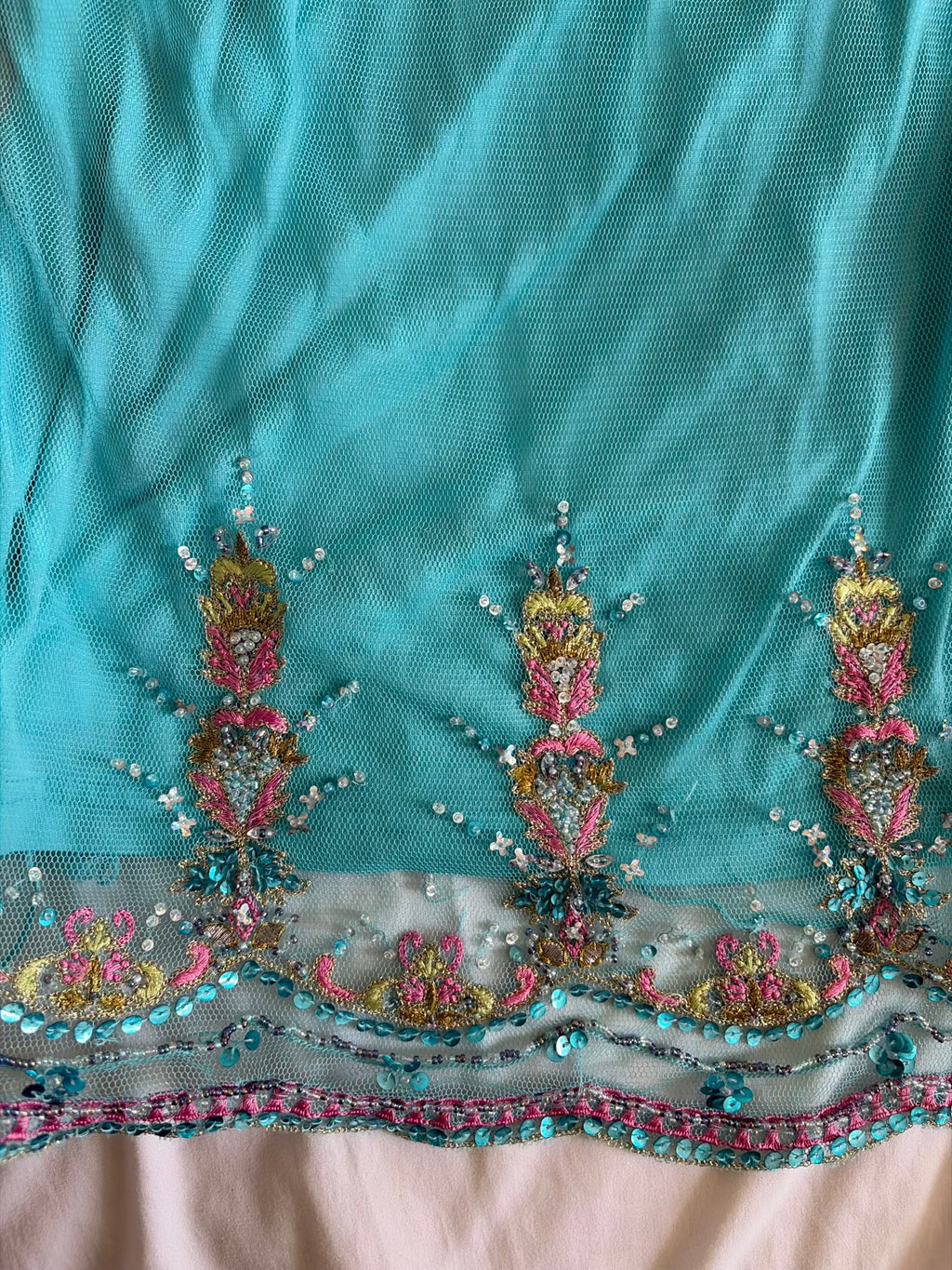 Vintage Y2K Teal Turquoise Mesh Cami Overlay with Embroidery Beads and Sequins