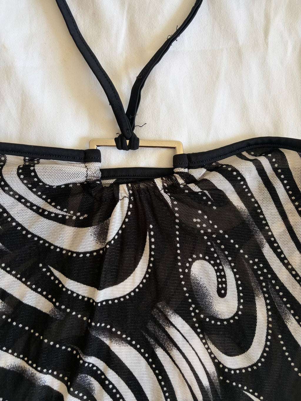 Vintage Y2K mesh black abstract bandeau cover up with o ring style detail and side ruching