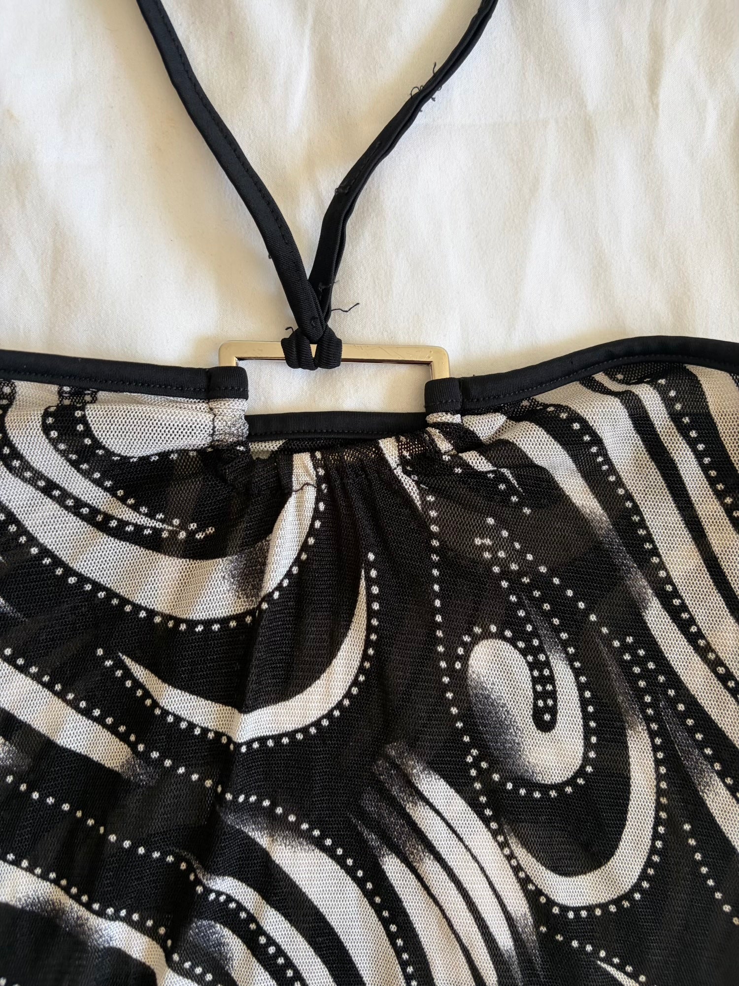 Vintage Y2K mesh black abstract bandeau cover up with o ring style detail and side ruching