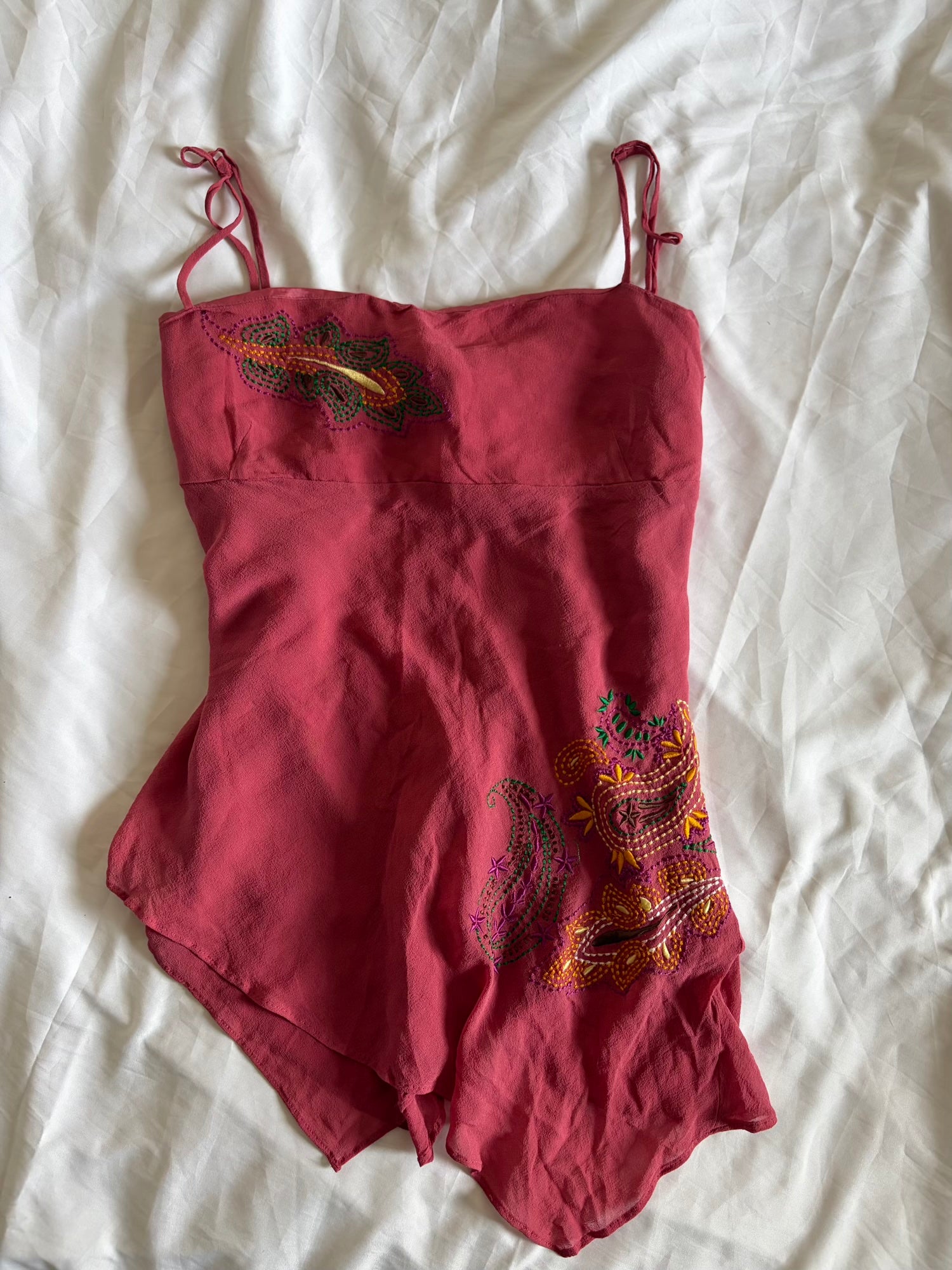 Vintage 1990s Silk Raspberry Asymmetrical Hem Forest Fairy Cami with Embroidery