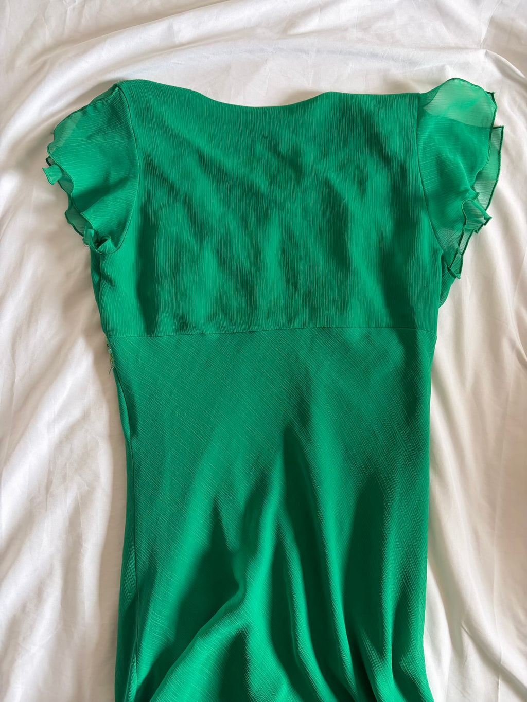 Vintage 1990s Green Handkerchief Hem Dress with Lace and Sequins