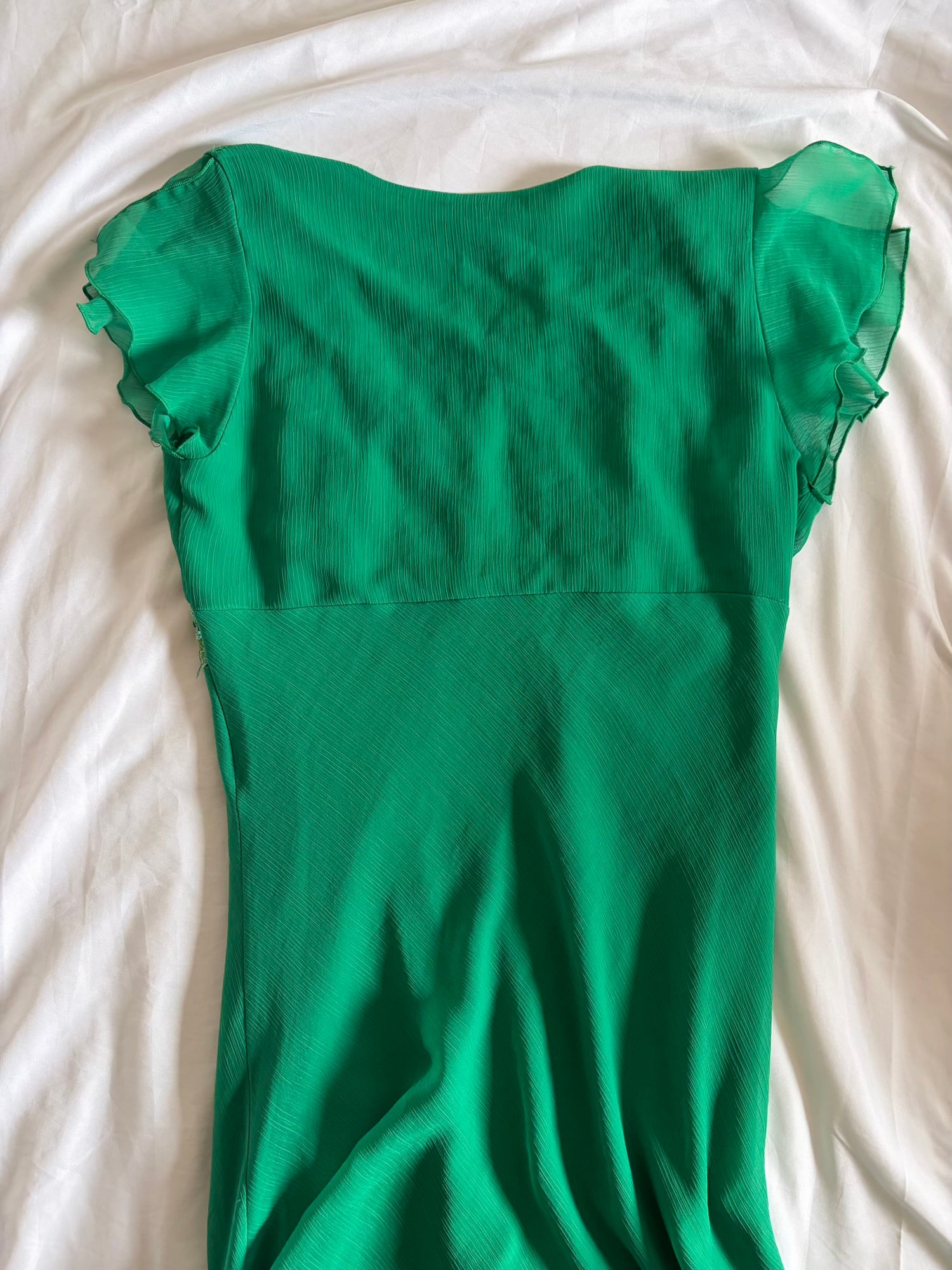 Vintage 1990s Green Handkerchief Hem Dress with Lace and Sequins