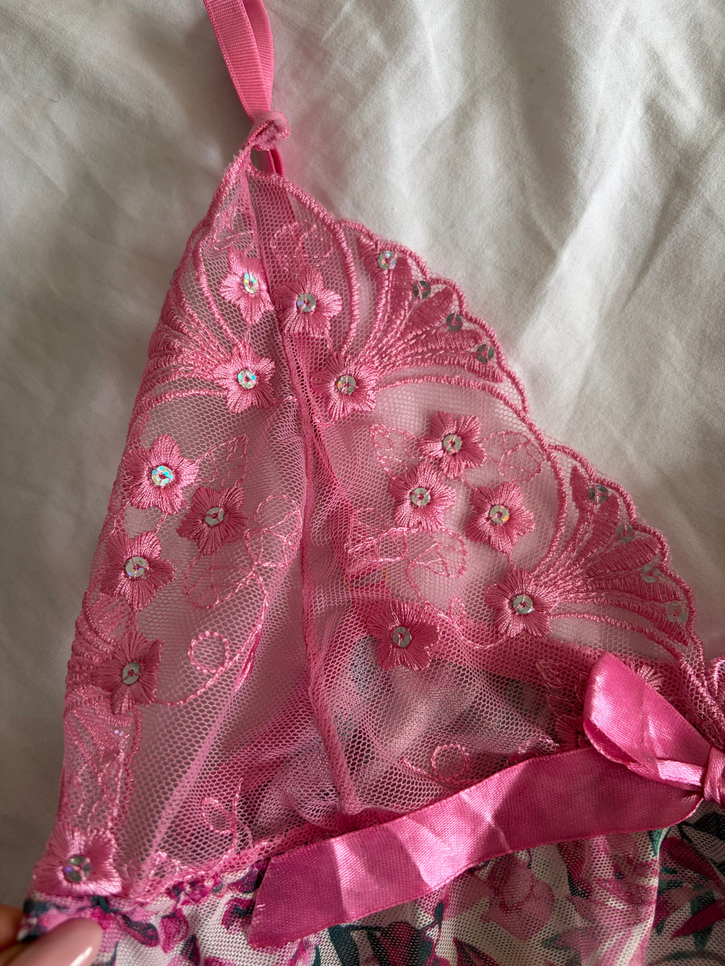 Vintage 2000s Pink Floral Babydoll with Sequin-Embroidered Cups