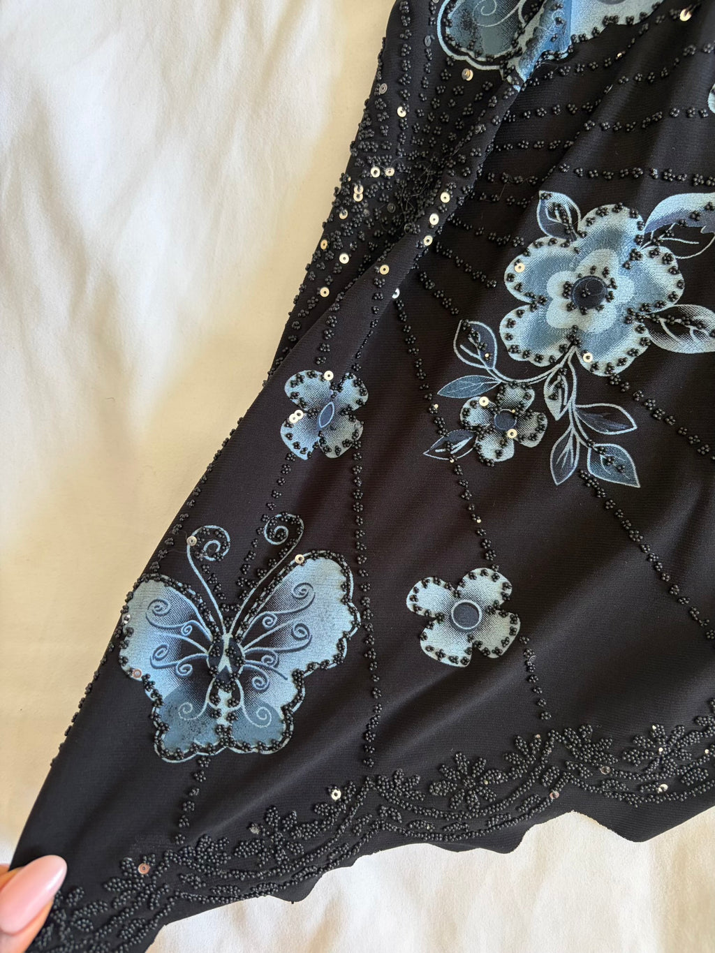 Vintage 1990s black halterneck asymmetrical hem cami with butterfly graphic, beads and sequins