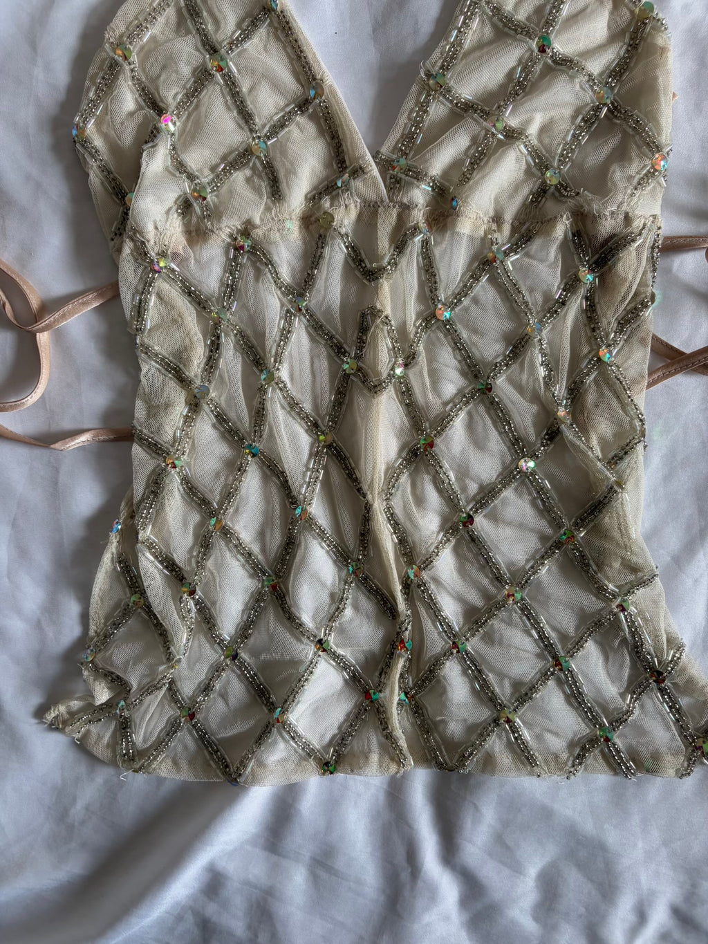 Handmade Backless Cream Cami with Beads and Iridescent Sequins