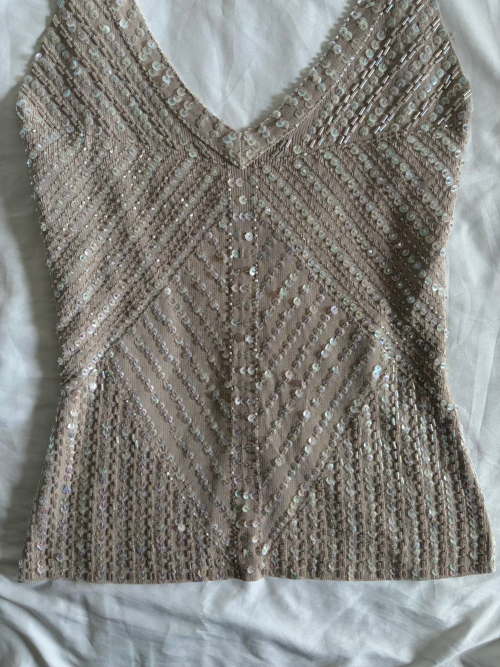 Vintage Y2K Knit Cami with Iridescent Sequins and Beads and Crossback Detail