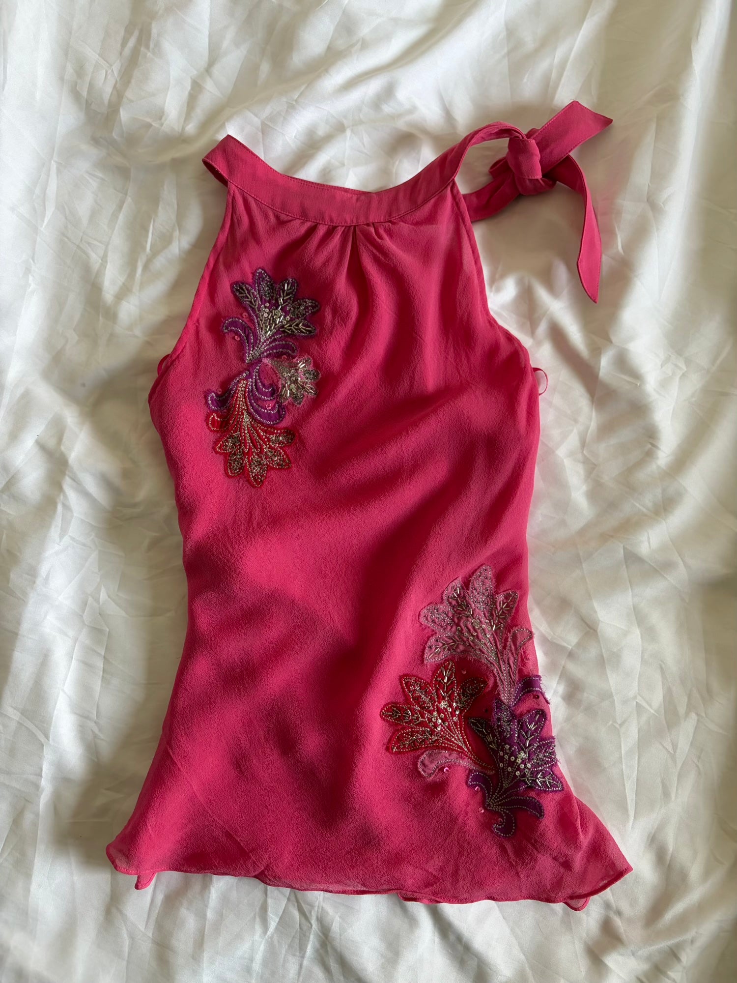 Vintage Y2K Silk Pink Halterneck with Floral Embroidery, Sequins and Beads