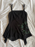 Vintage 1990s Black Handkerchief Hem Cami with Iridescent Green Sequins