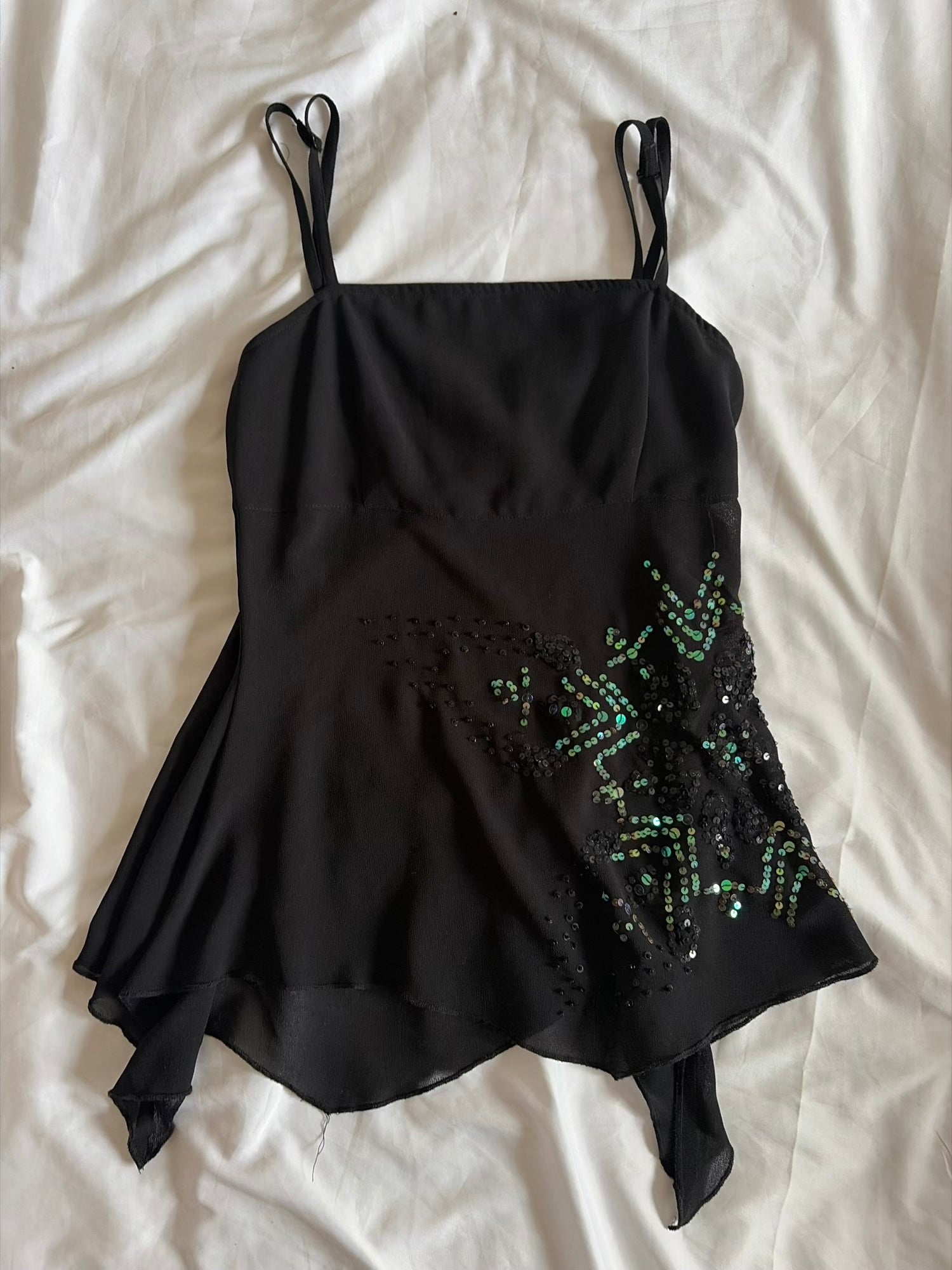 Vintage 1990s Black Handkerchief Hem Cami with Iridescent Green Sequins