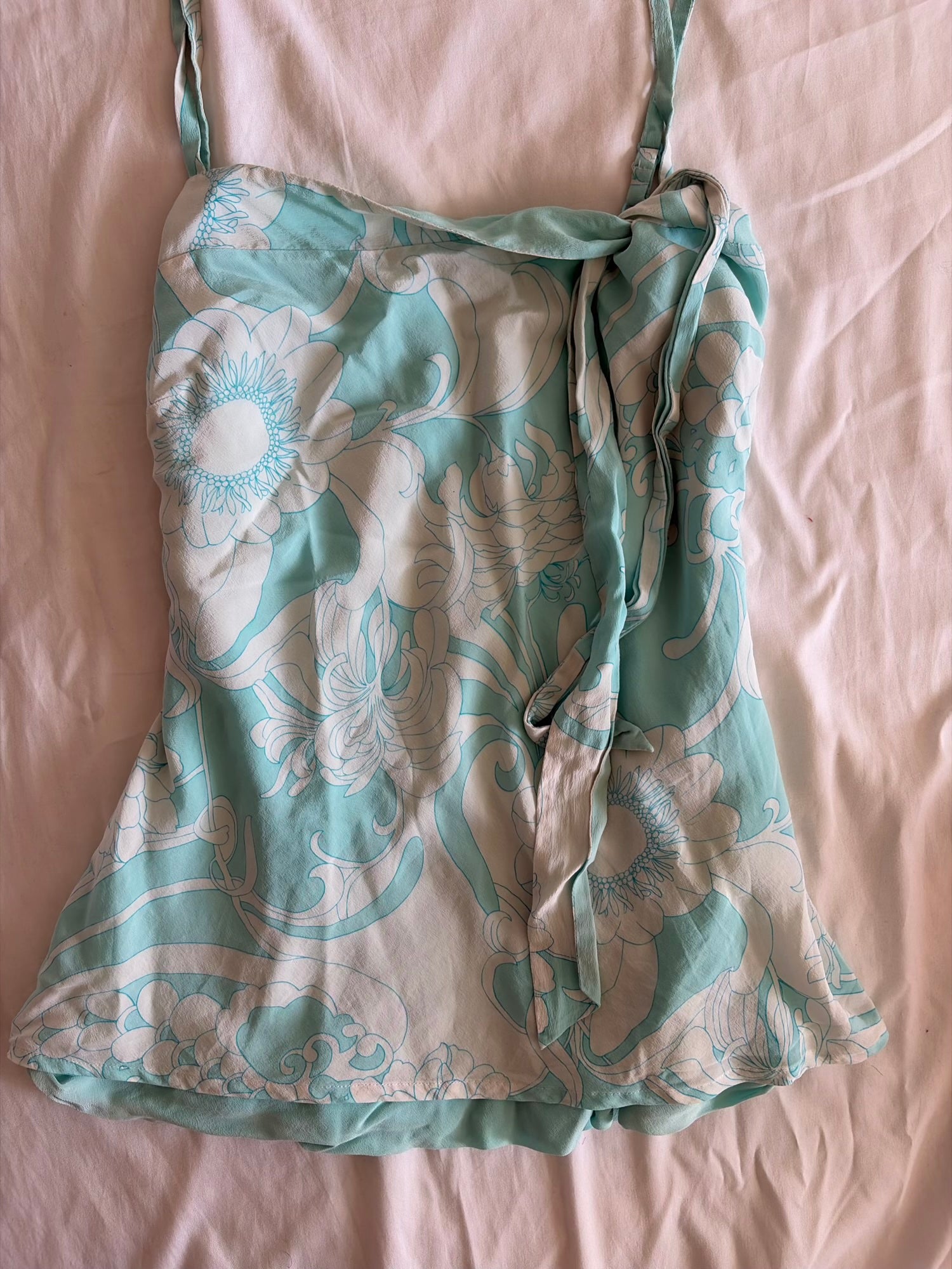 Vintage Y2K Turquoise and White Silk Floral Cami with Double Hem