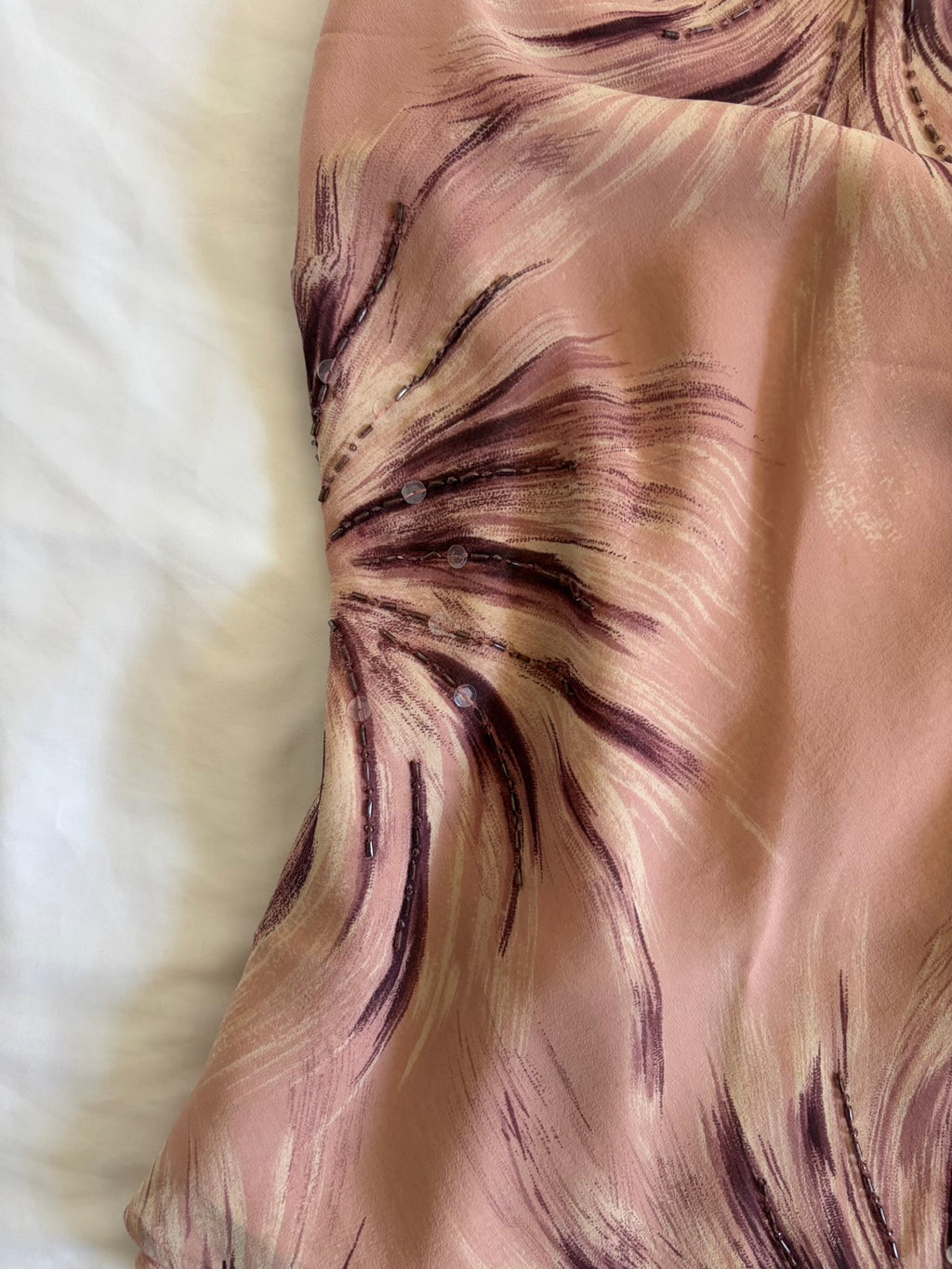Vintage Y2K Silk Rose Pink Asymmetrical Hem Halterneck Floral Sequin and Bead Cami