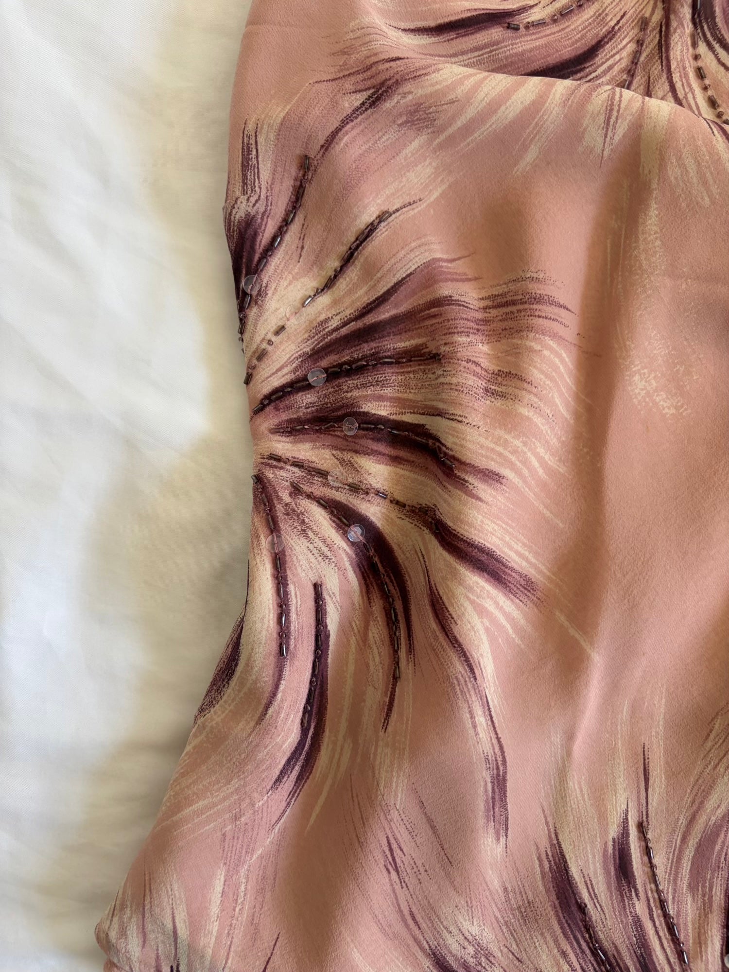 Vintage Y2K Silk Rose Pink Asymmetrical Hem Halterneck Floral Sequin and Bead Cami