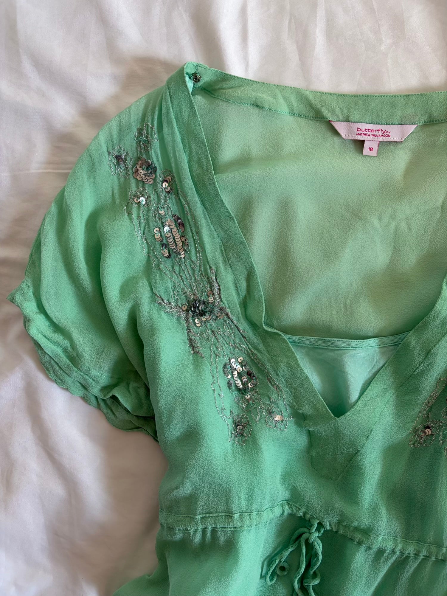 Vintage Y2K Turquoise Silk Blouse with Sequins and Embellishment