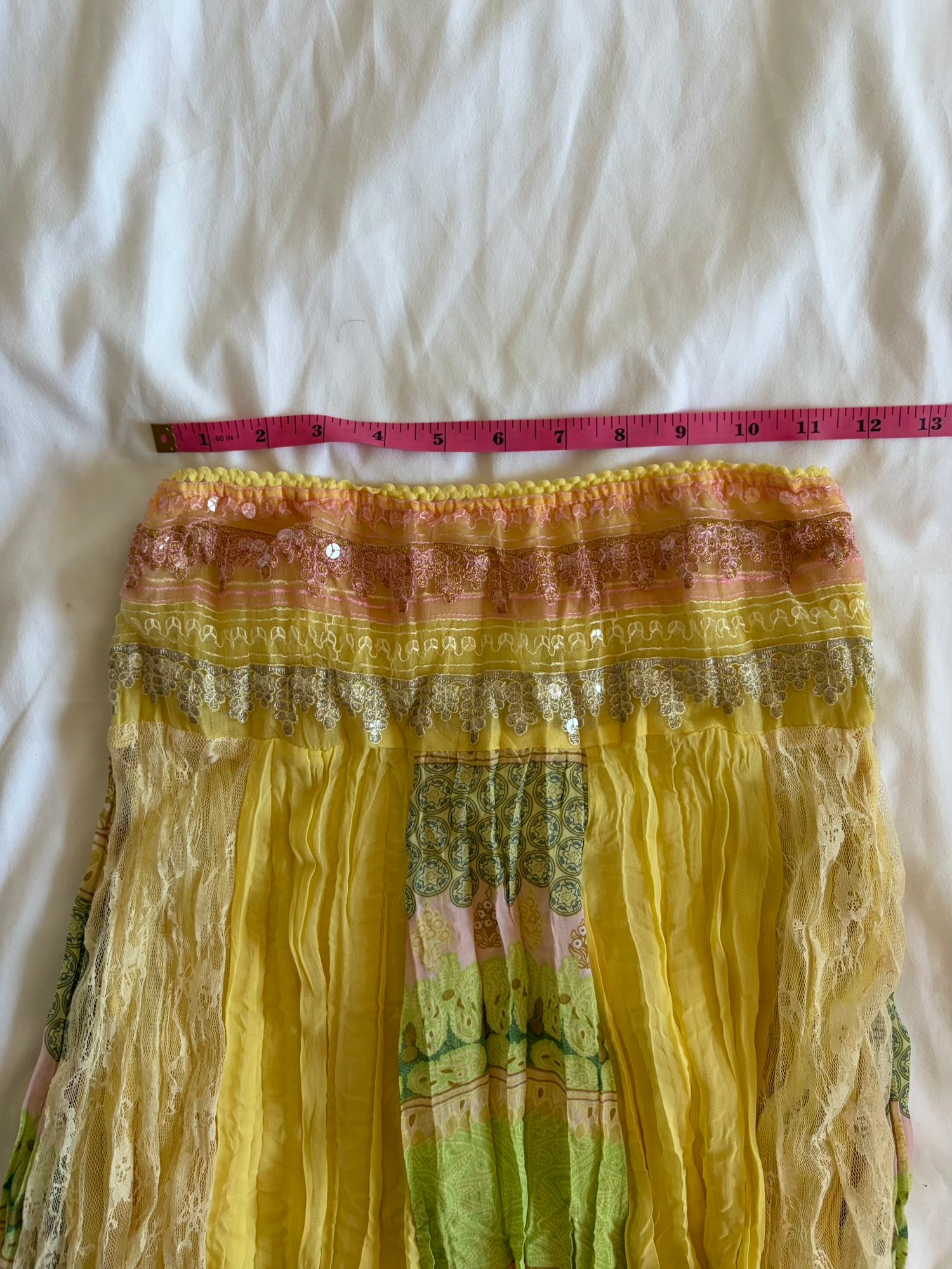 Vintage Y2K rare yellow fairy patchwork style midi skirt with sequins