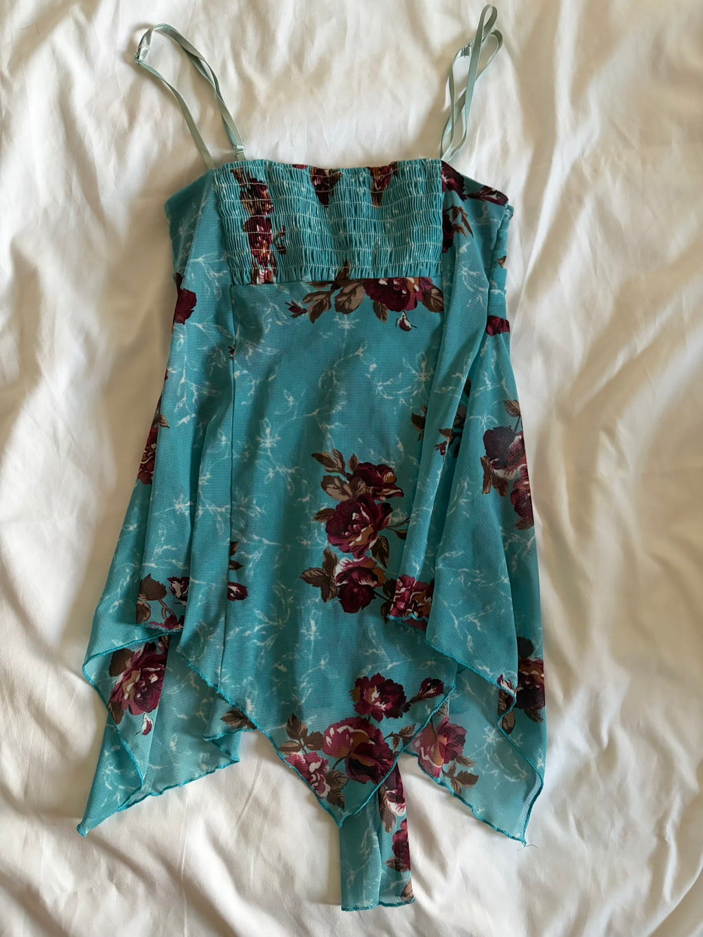 Vintage Y2K mesh floral asymmetrical hem cami with knot tie bust