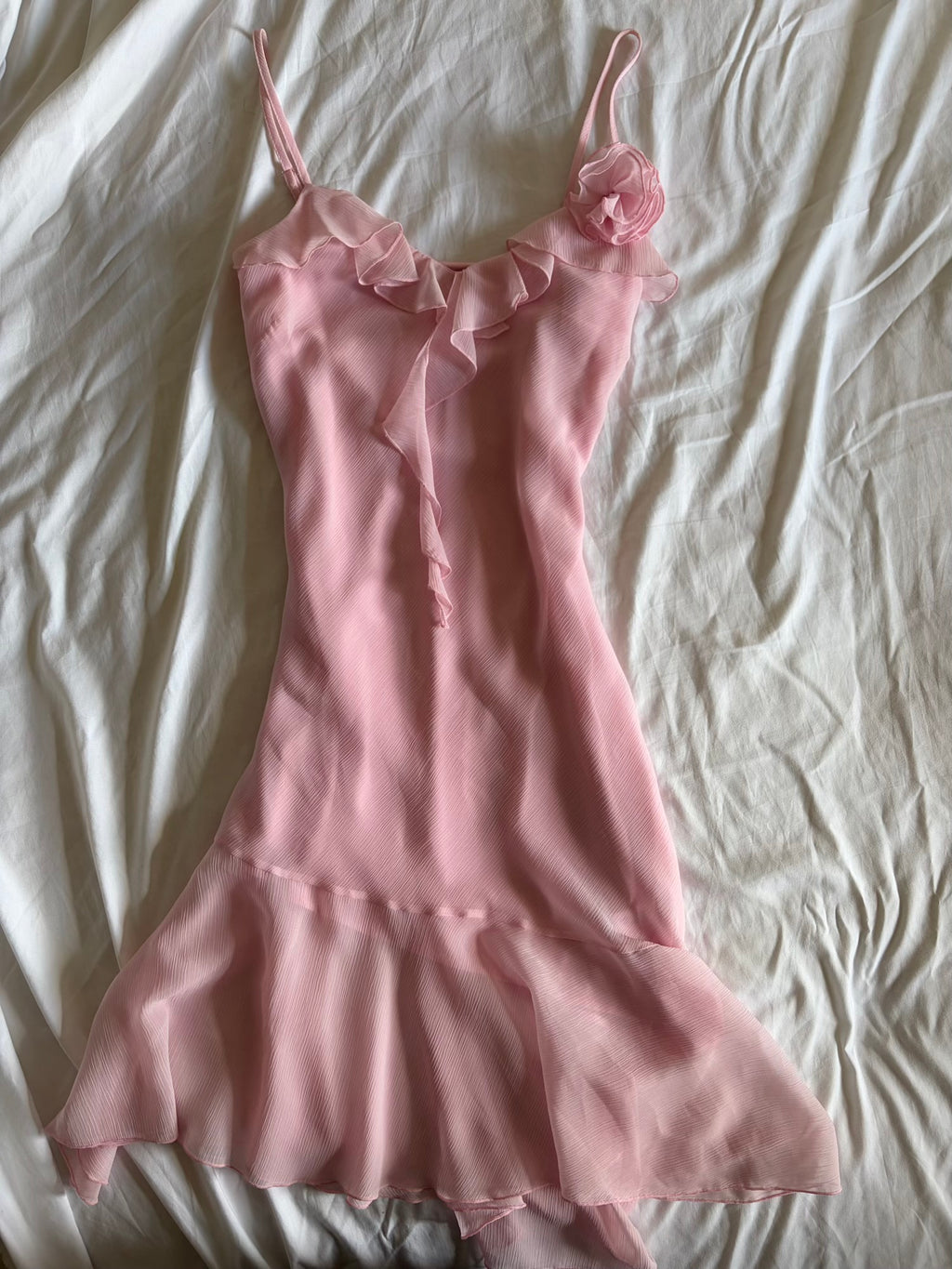 Vintage 1990s Baby Pink Asymmetrical Hem Floaty Fairy Midi Dress with Floral Applique