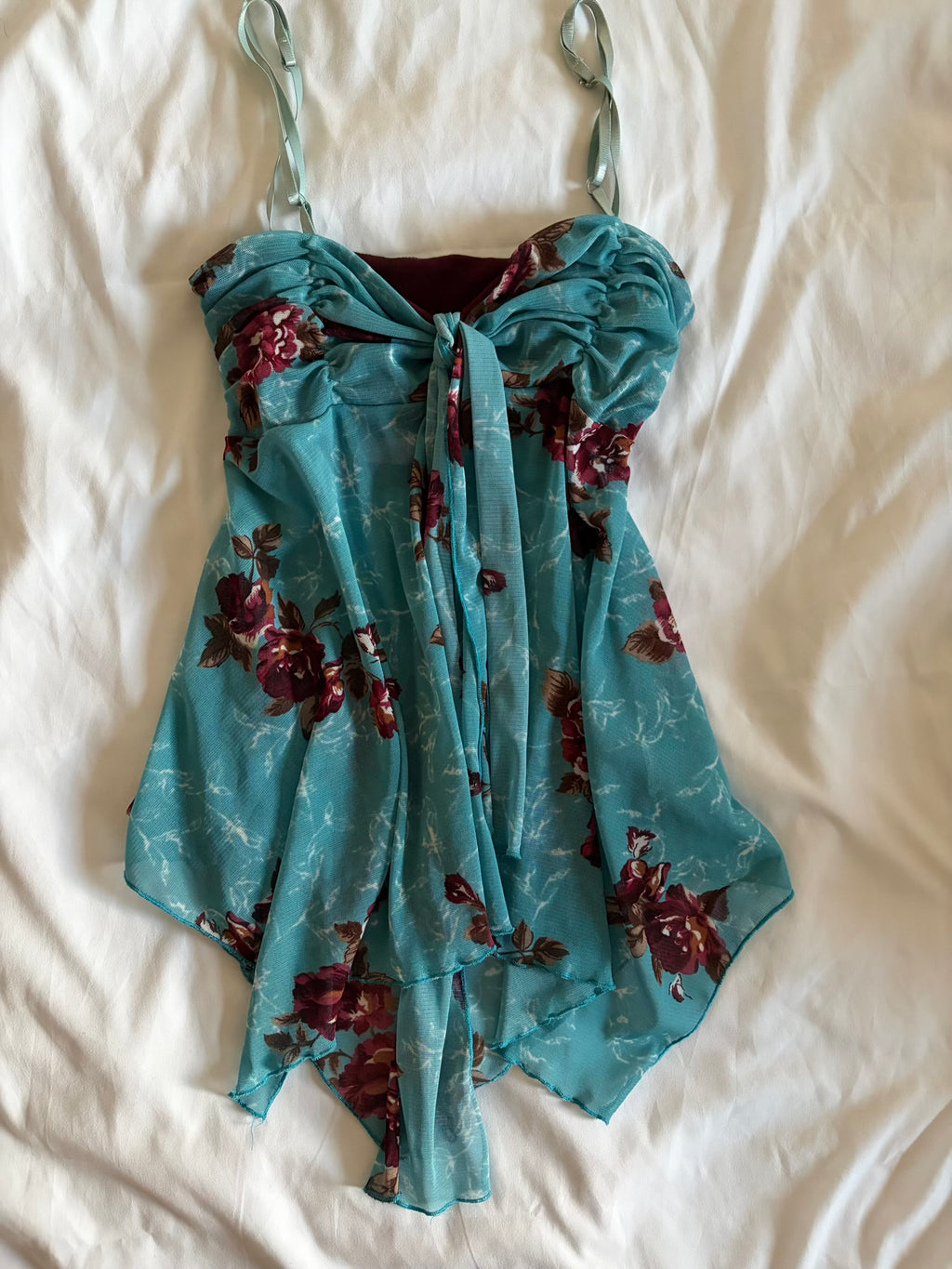 Vintage Y2K mesh floral asymmetrical hem cami with knot tie bust