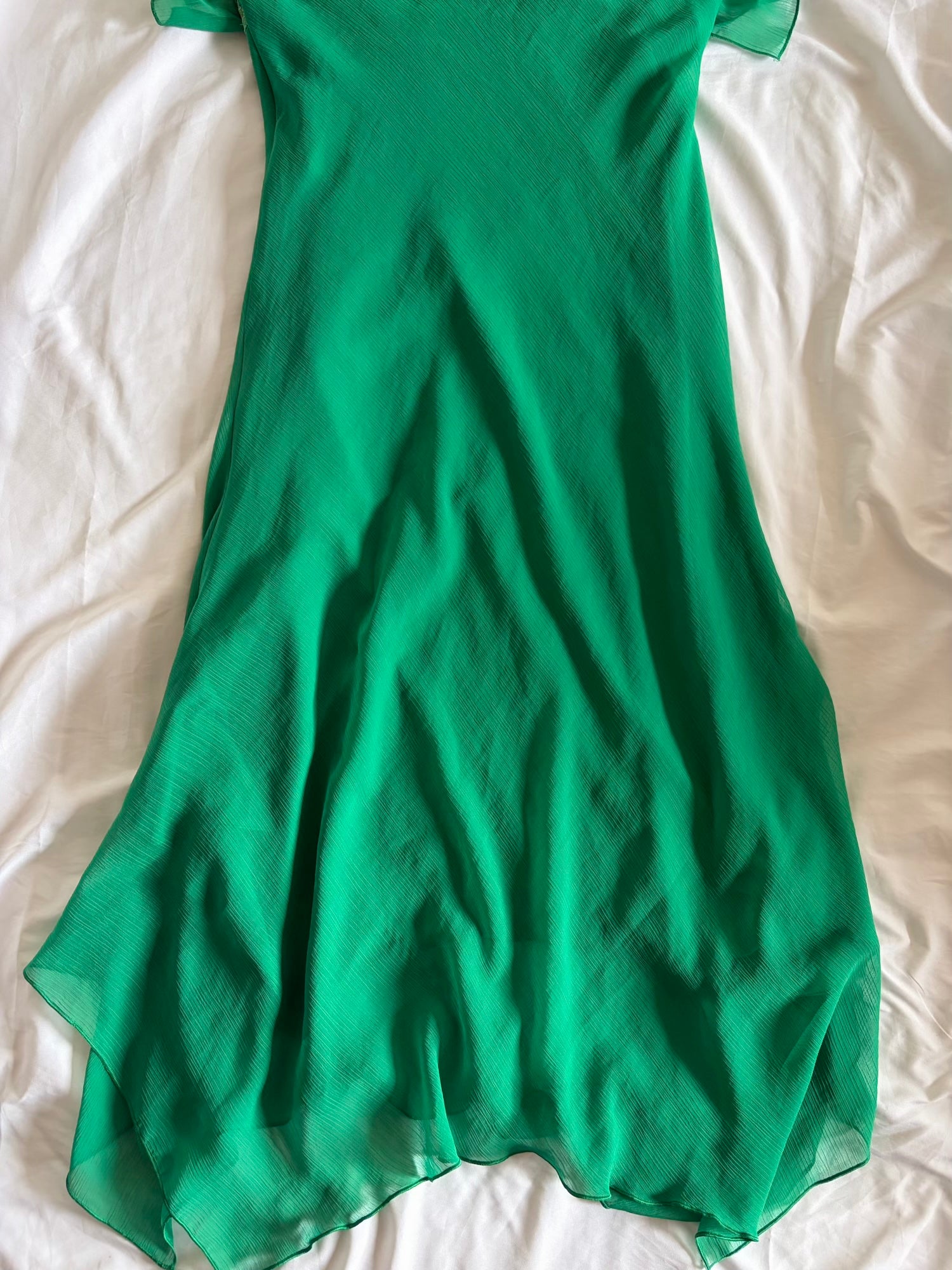 Vintage 1990s Green Handkerchief Hem Dress with Lace and Sequins