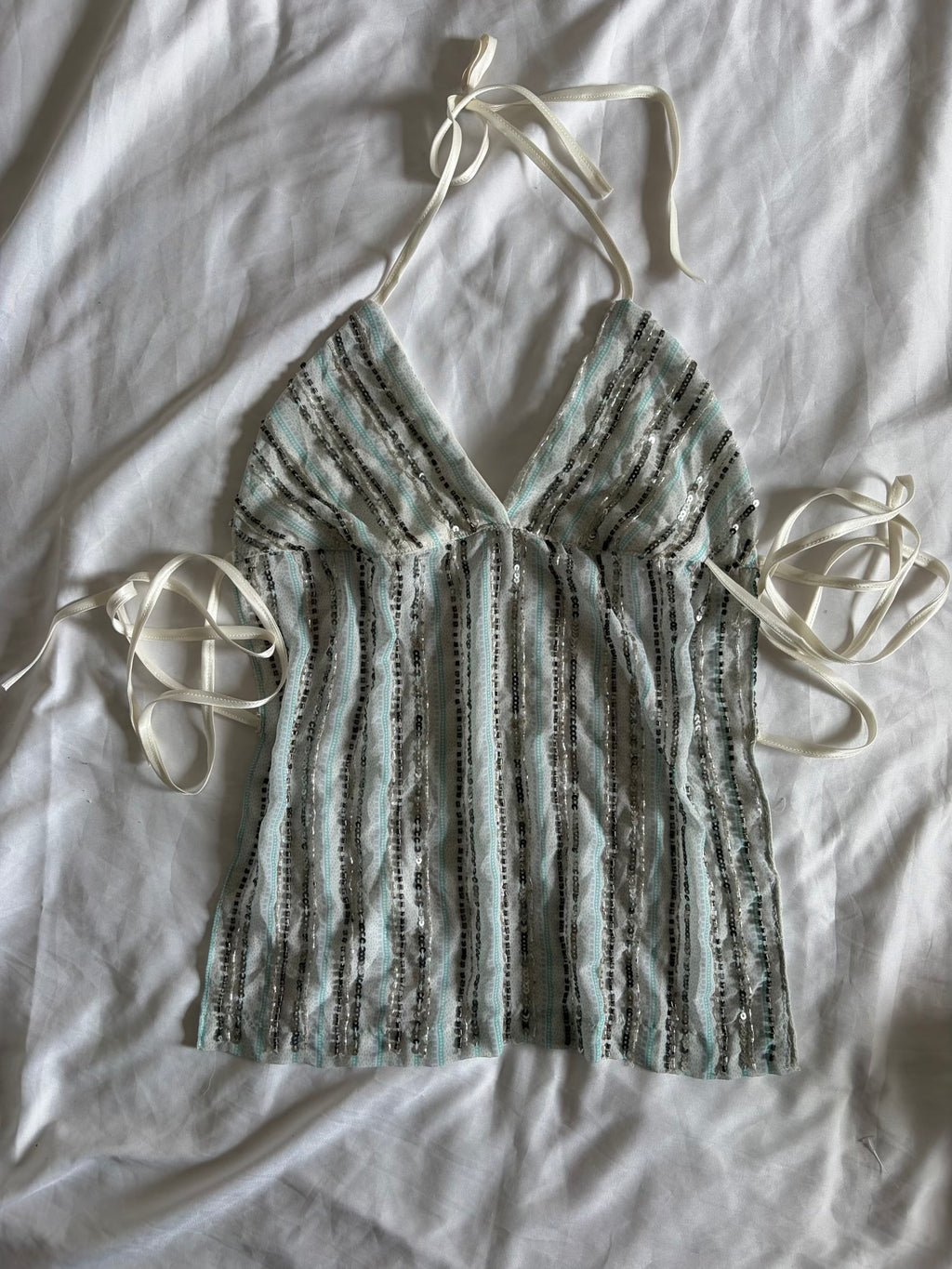 Handmade Backless Blue Cami with Gun Metal Grey and Iridescent Beads and Sequins