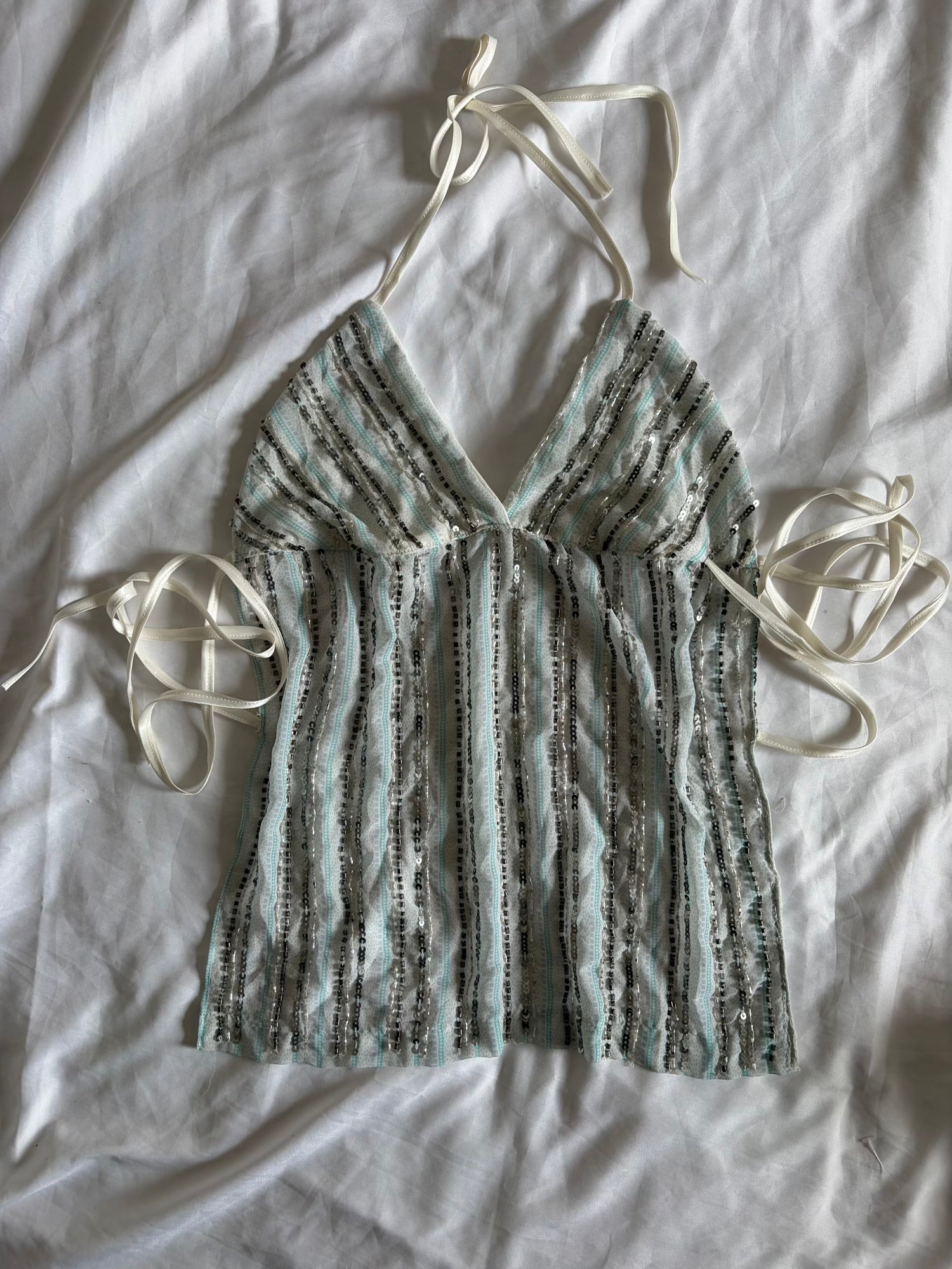 Handmade Backless Blue Cami with Gun Metal Grey and Iridescent Beads and Sequins