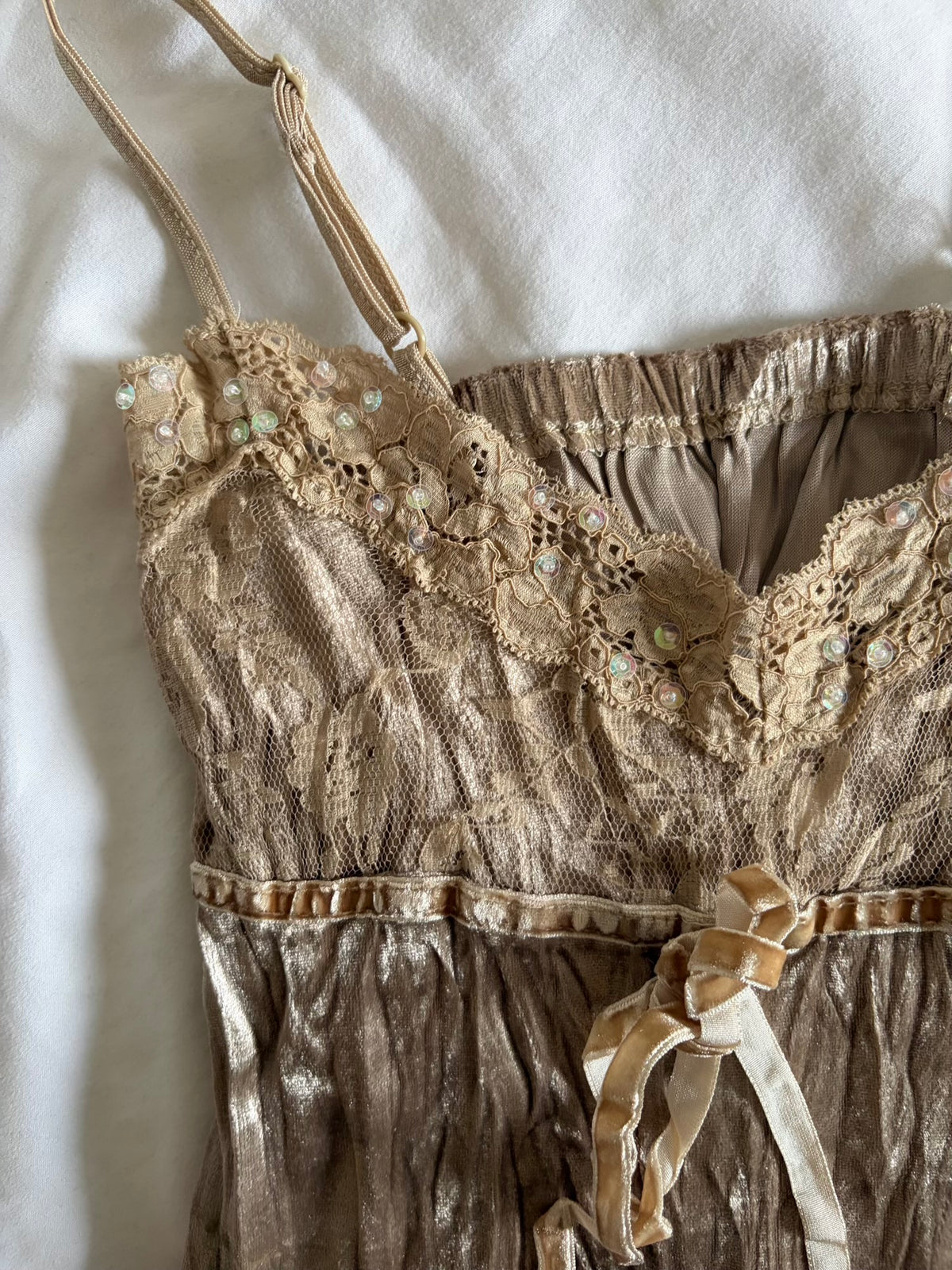 Vintage 2000s Champagne Velvet Cami with Sequins, Beads and Ribbon Detail