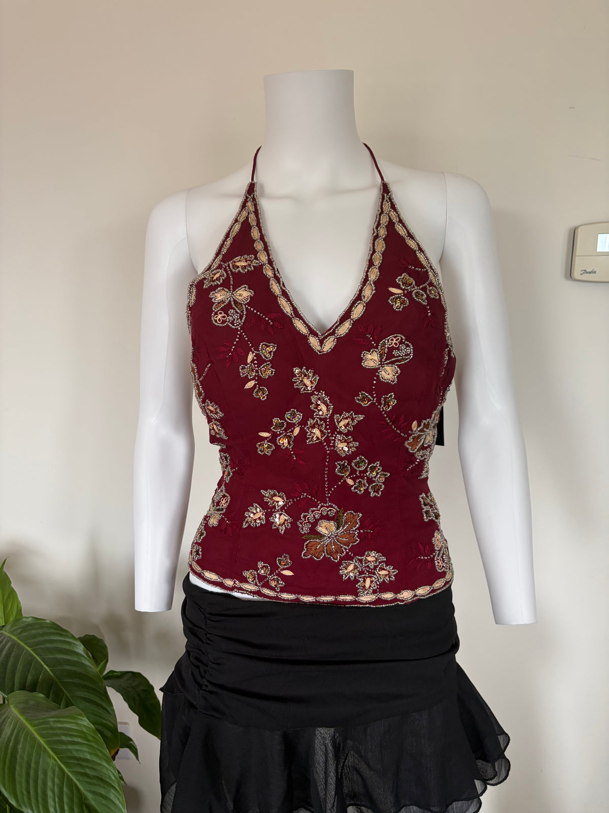 Vintage 2000s Banke B Silk Burgundy Gold Sequin and Beaded Corset Halter, UK 6–8